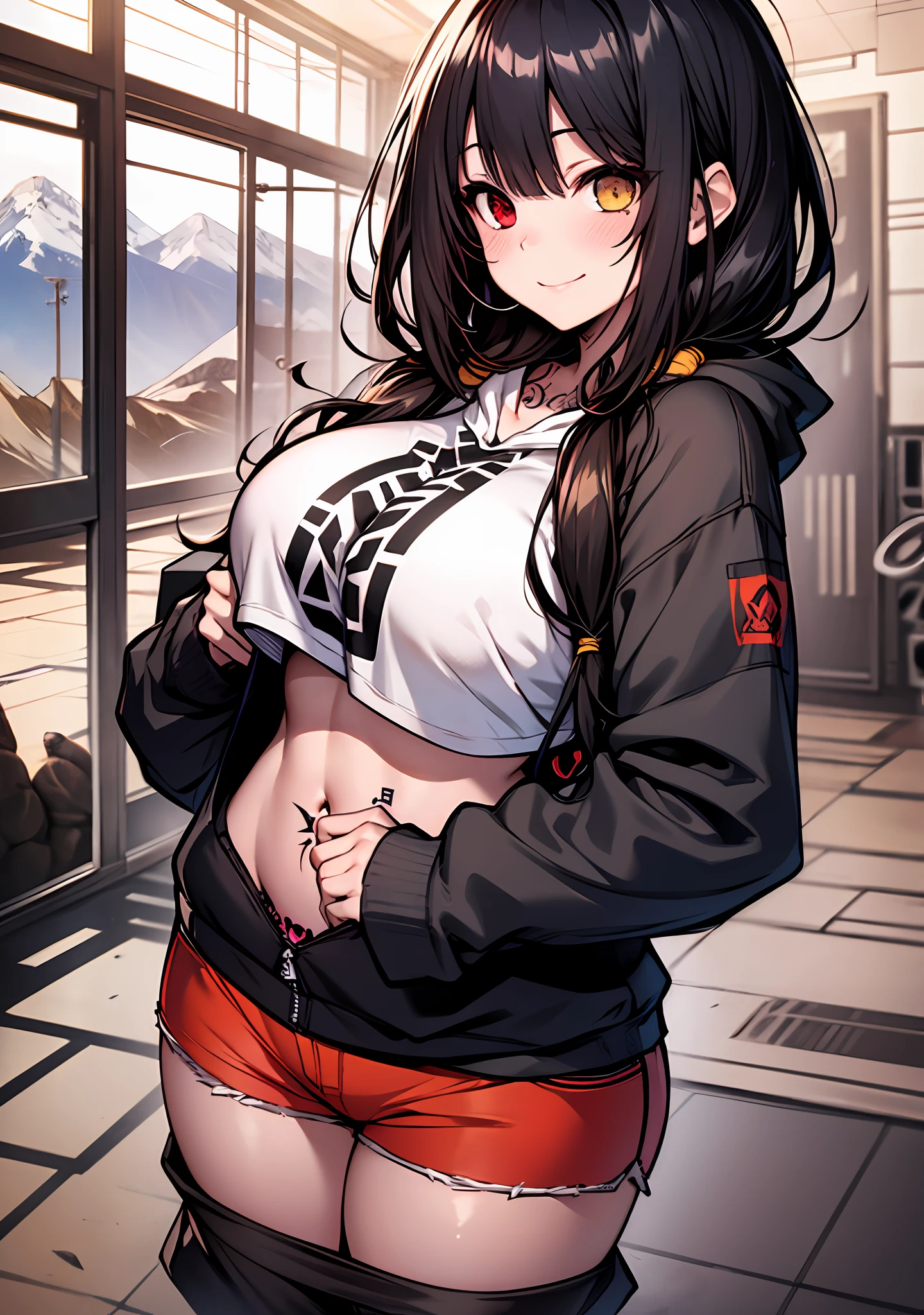 Masterpiece, high quality, ultra quality, best lighting, 1girl, ((tokisaki kurumi)), long hair, black hair, (((low twintails))), monochrome, ((right red eye:1, left yellow eye:1)), Hoodie, ((mini Hoodie)), crop top, ((mini crop top)), ((mini pants)), ((big breast)), ((big thigh)), smile, smoking, blush, cute face, ((gesugao face)), standing, sexy body, sexy, tattooed full body, tattooed face, (((tattooed))),looking at viewer, large the breast, nsfw, (((mountain)))