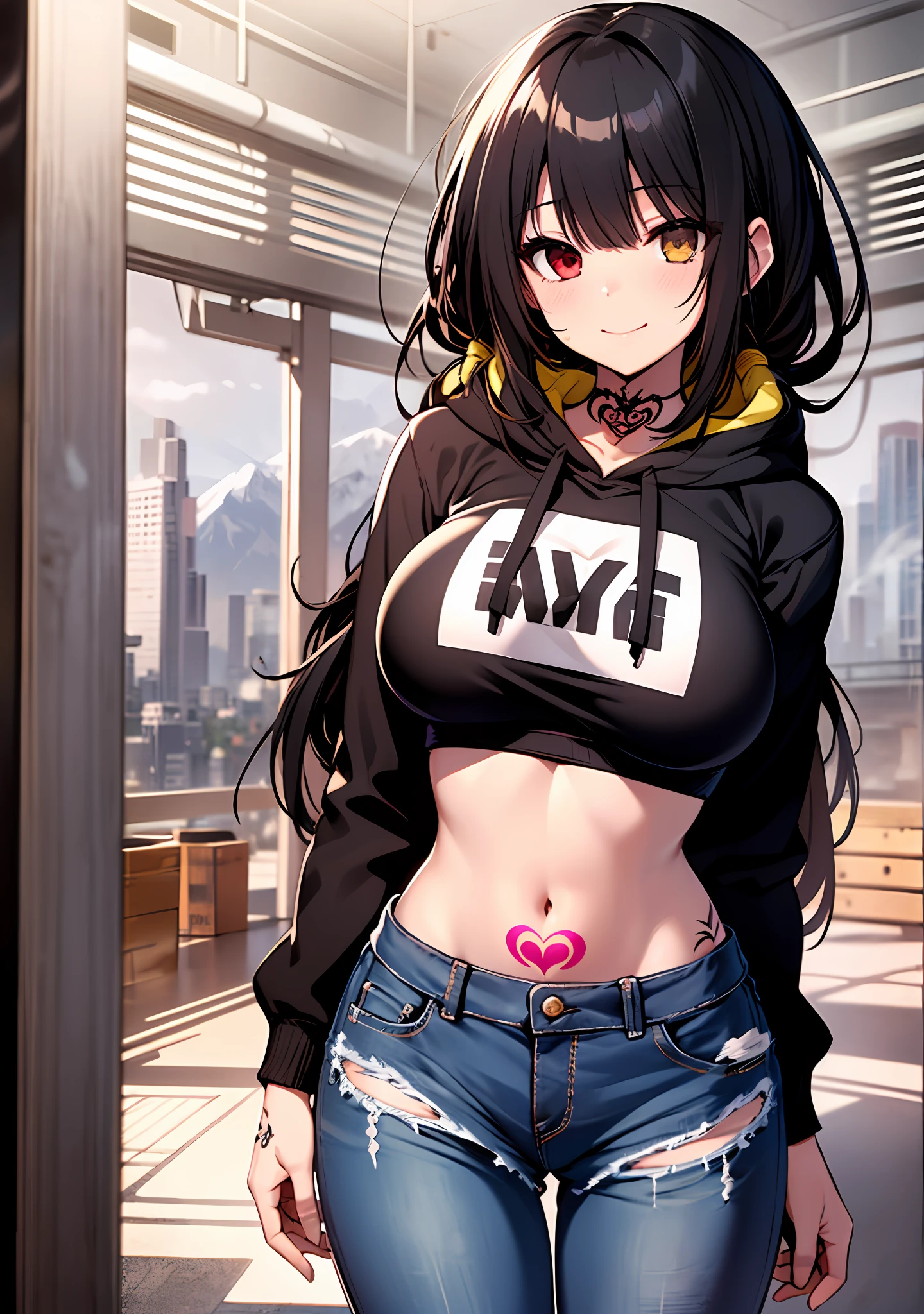 Masterpiece, high quality, ultra quality, best lighting, 1girl, ((tokisaki kurumi)), long hair, black hair, (((low twintails))), monochrome, ((right red eye:1, left yellow eye:1)), Hoodie, ((mini Hoodie)), crop top, ((mini crop top)), ((mini pants)), ((big breast)), ((big thigh)), smile, smoking, blush, cute face, ((gesugao face)), standing, sexy body, sexy, tattooed full body, tattooed face, (((tattooed))),looking at viewer, large the breast, nsfw, (((mountain)))