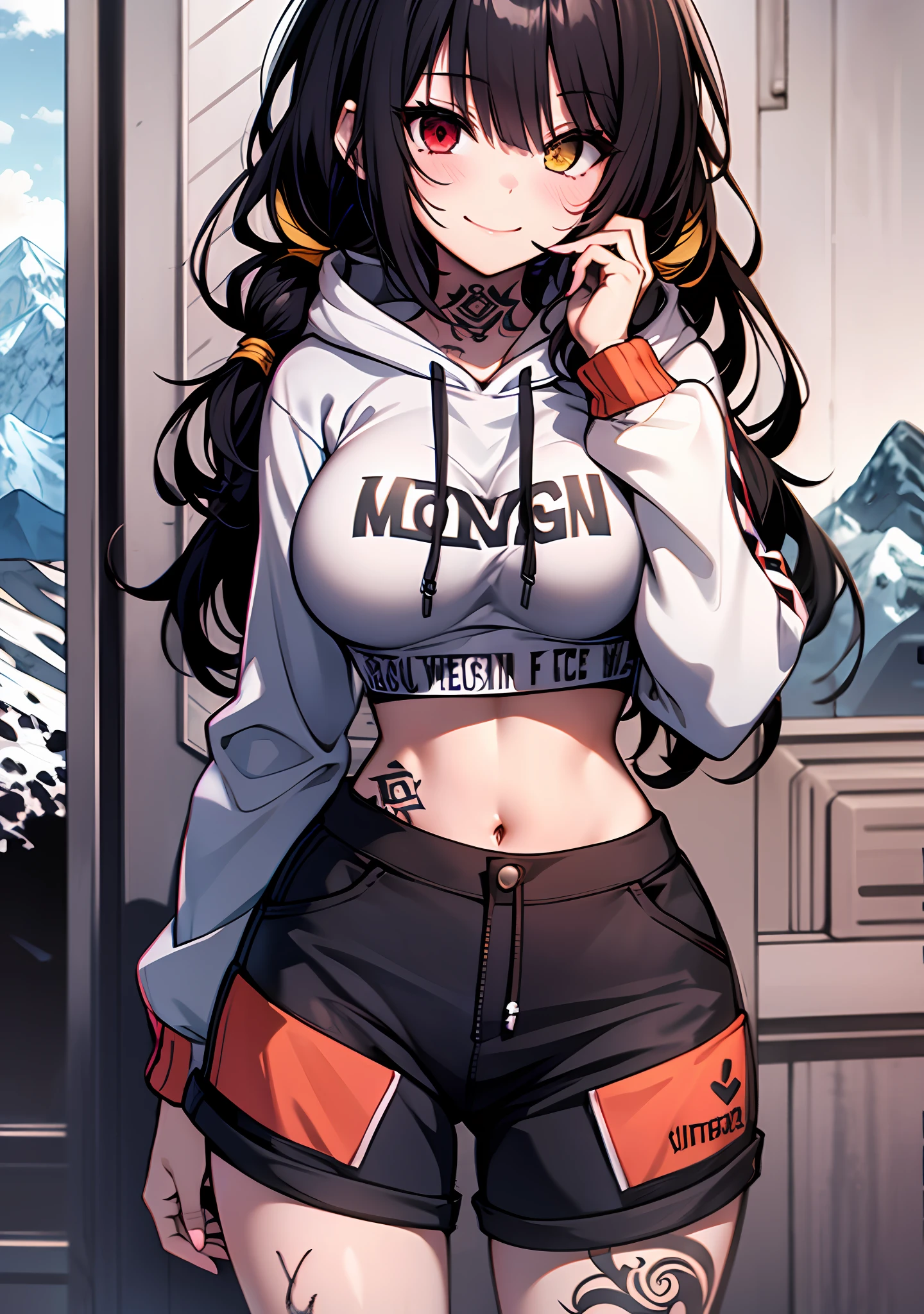 Masterpiece, high quality, ultra quality, best lighting, 1girl, ((tokisaki kurumi)), long hair, black hair, (((low twintails))), monochrome, ((right red eye:1, left yellow eye:1)), Hoodie, ((mini Hoodie)), crop top, ((mini crop top)), ((mini pants)), ((big breast)), ((big thigh)), smile, smoking, blush, cute face, ((gesugao face)), standing, sexy body, sexy, tattooed full body, tattooed face, (((tattooed))),looking at viewer, large the breast, nsfw, (((mountain)))