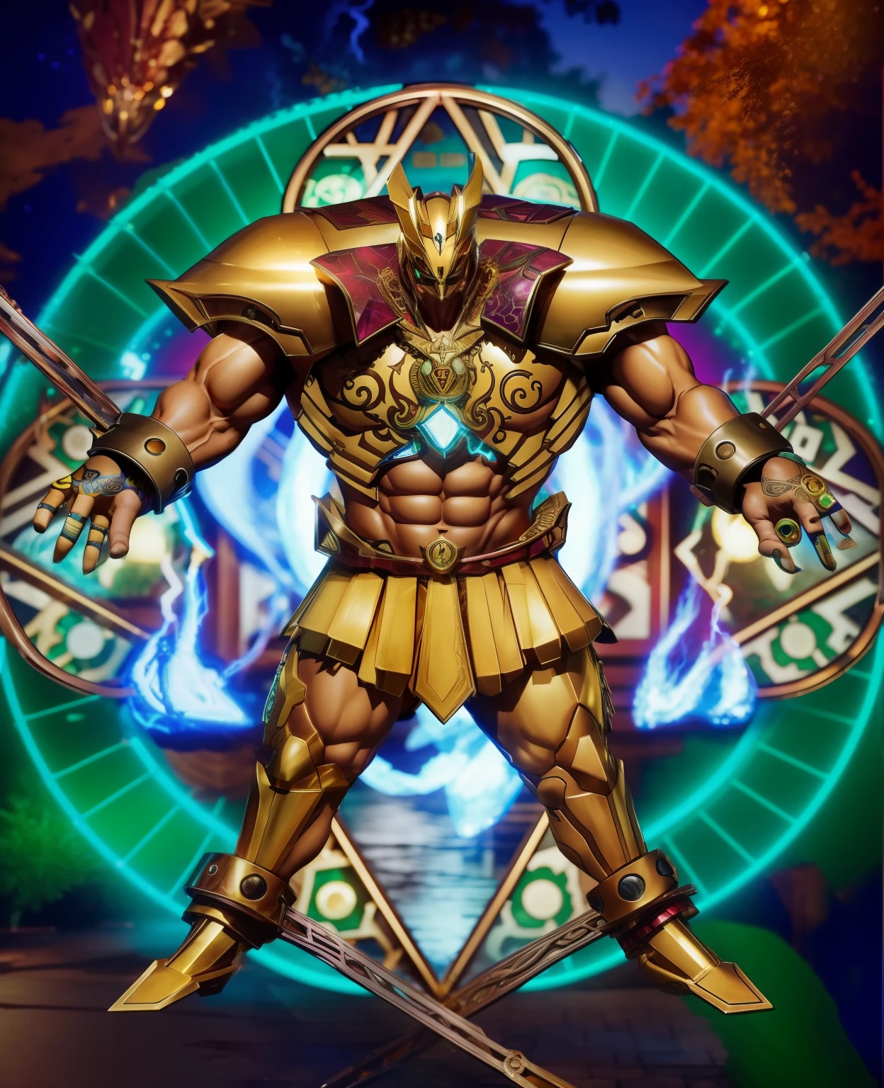 A masterpice, Exodia from Yu-Gi-Oh!, perfect body, perfect golden mask, detailed and Intrincicated, Neon Lights, bioluminicense