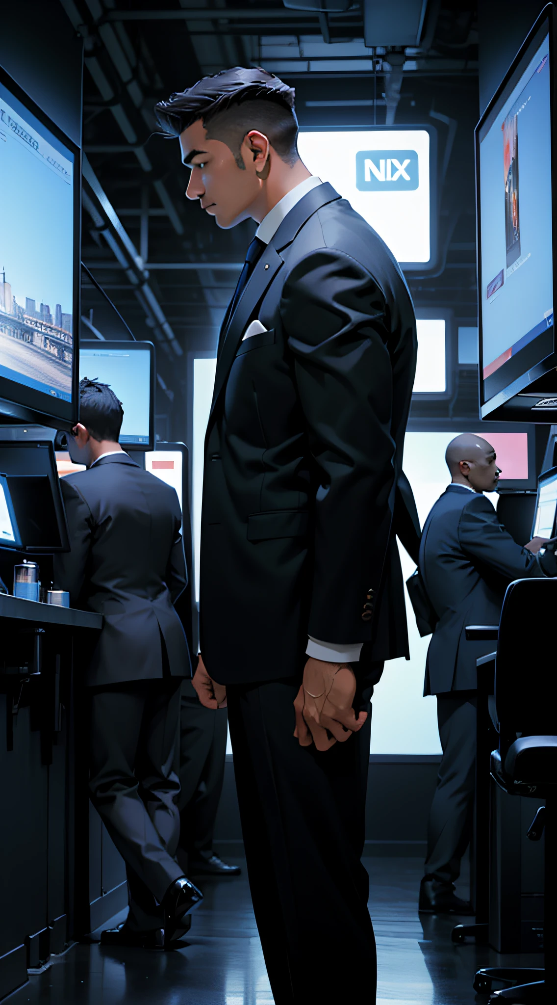 side view man in suit with landscape stock exchange low light --auto