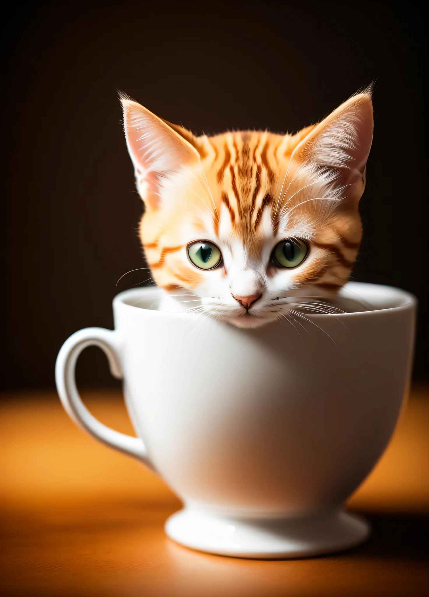 kitten in my white cup, (intricate details), hdr, (intricate details, hyperdetailed:1.2), cinematic shot, centered,