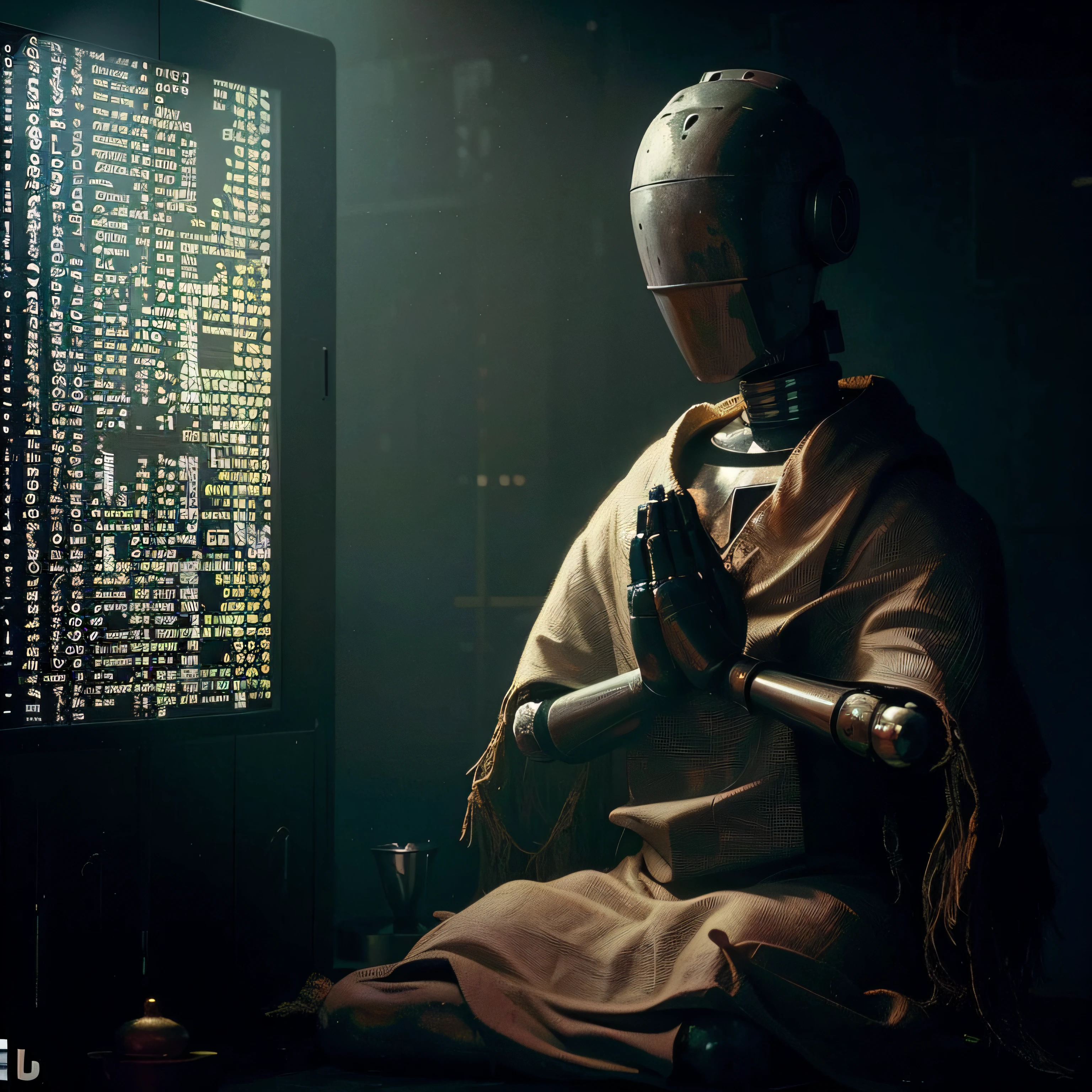 There's a robot sitting in front of a computer screen, robot religion, zen méditation cyberpunk, um ciborgue meditando, artificial intelligence god, Cyberpunk ortodoxo, artificial intelligence gods, scifi religioso, Cyberpunk Jesus Cristo, robot pope, O metaverso criptografado, the coming ai singularity, evil artificial intelligence, ( ( bit flip | Deus da Arte da IA ) )