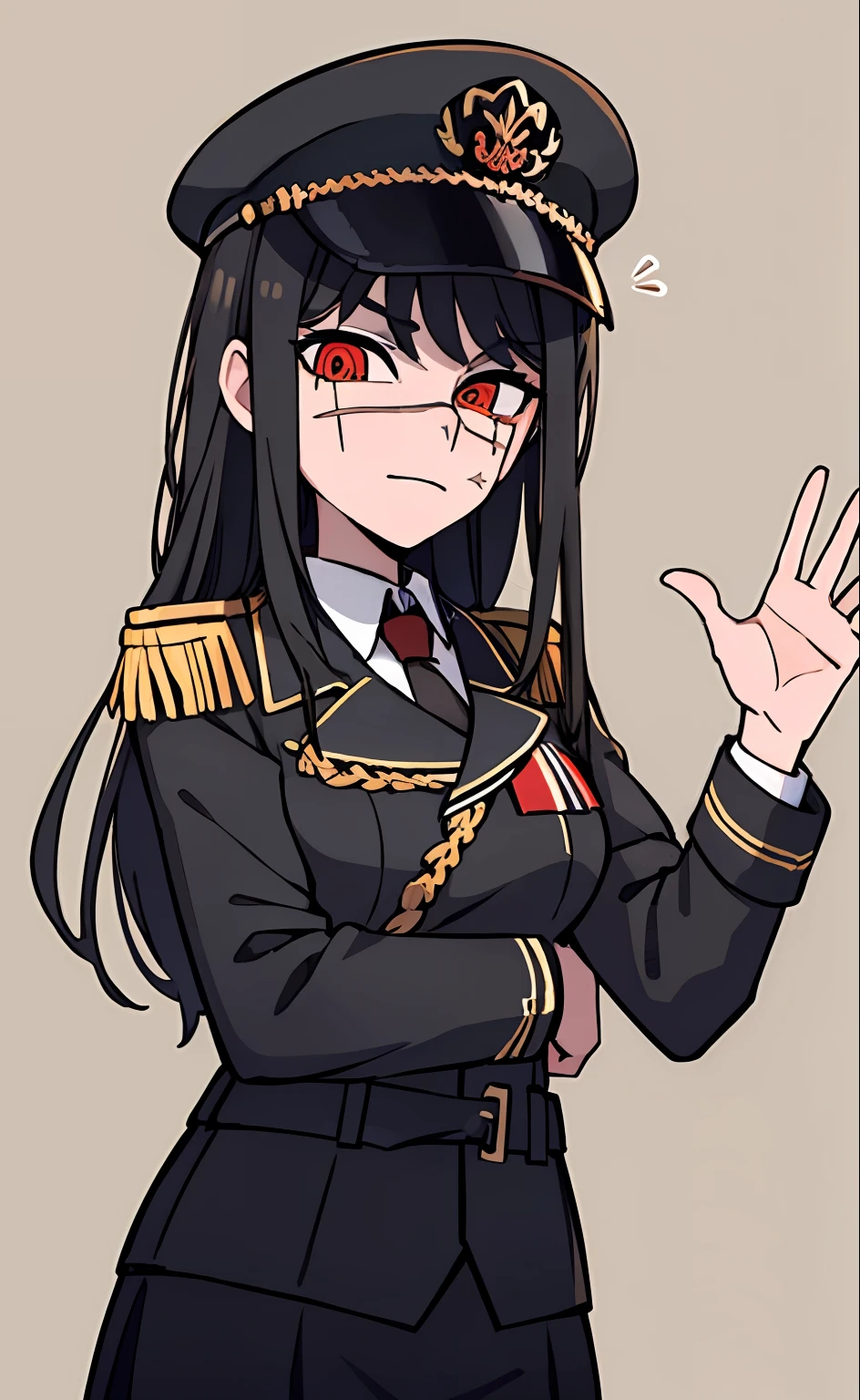 (masterpiece, best quality: 1.2), Solo, 1girl, Yoru \(Chainsaw Man\), looking at the viewer, different poses, red eye, long hair, completely black hair, reference to clothing of a German WWII general, black long sleeves (best quality), scar on face, beautiful eyes, has only 2 arms, has war medals on his clothes, Black Military Cap, Golden Eagle Medal on Clothing,  (Wallpaper), (8K HD), (8K HD), Golden Shoulder Pads, Sprites, 1 Single Design (masterpiece, best quality: 1.2), Solo, 1girl, Yoru \(Chainsaw Man\), looking at the viewer, smile, happy, different poses, red eye, long hair, completely black hair, reference to clothing of a German WWII general, black long sleeves (best quality), scar on face,  beautiful eyes, has only 2 arms, has war medals on his clothes, black military cap, golden eagle medal on clothing, (wallpaper), (8K HD), (8K HD), (8K HD), golden shoulder pads, sprites, 1 single design