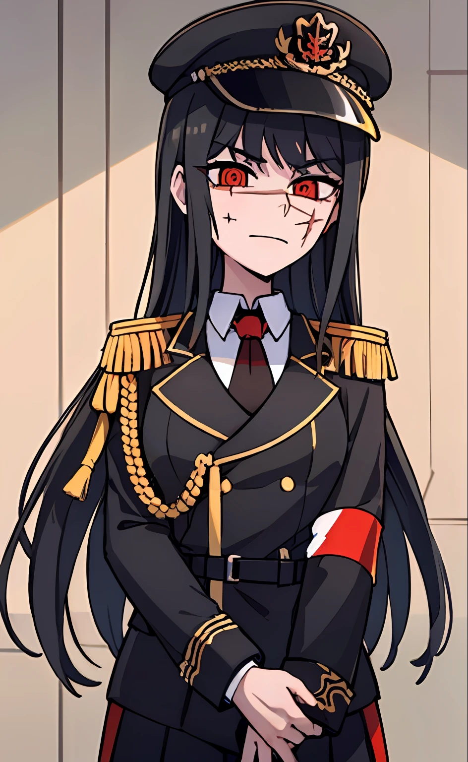 (masterpiece, best quality: 1.2), Solo, 1girl, Yoru \(Chainsaw Man\), looking at the viewer, different poses, red eye, long hair, completely black hair, reference to clothing of a German WWII general, black long sleeves (best quality), scar on face, beautiful eyes, has only 2 arms, has war medals on his clothes, Black Military Cap, Golden Eagle Medal on Clothing, (Wallpaper), (8K HD), (8K HD), Golden Shoulder Pads, Sprites, 1 Single Design (masterpiece, best quality: 1.2), Solo, 1girl, Yoru \(Chainsaw Man\), looking at the viewer, smile, happy, different poses, red eye, long hair, completely black hair, reference to clothing of a German WWII general, black long sleeves (best quality), scar on face, beautiful eyes, has only 2 arms, has war medals on his clothes, black military cap, golden eagle medal on clothing, (wallpaper), (8K HD), (8K HD), (8K HD), golden shoulder pads, sprites, 1 single design