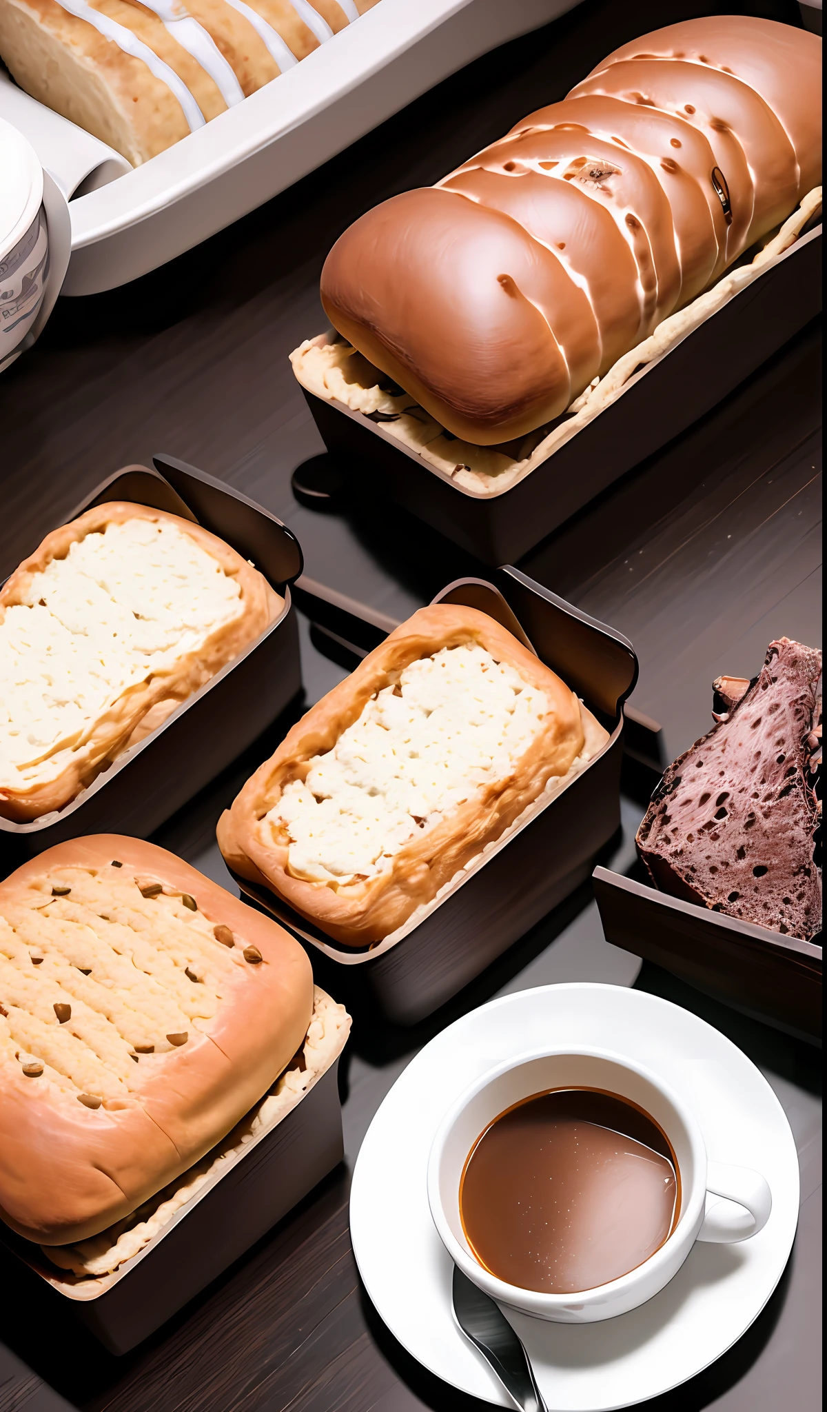 Lounge with 4 tables: coffee, bread, cups, sandwiches, cheese