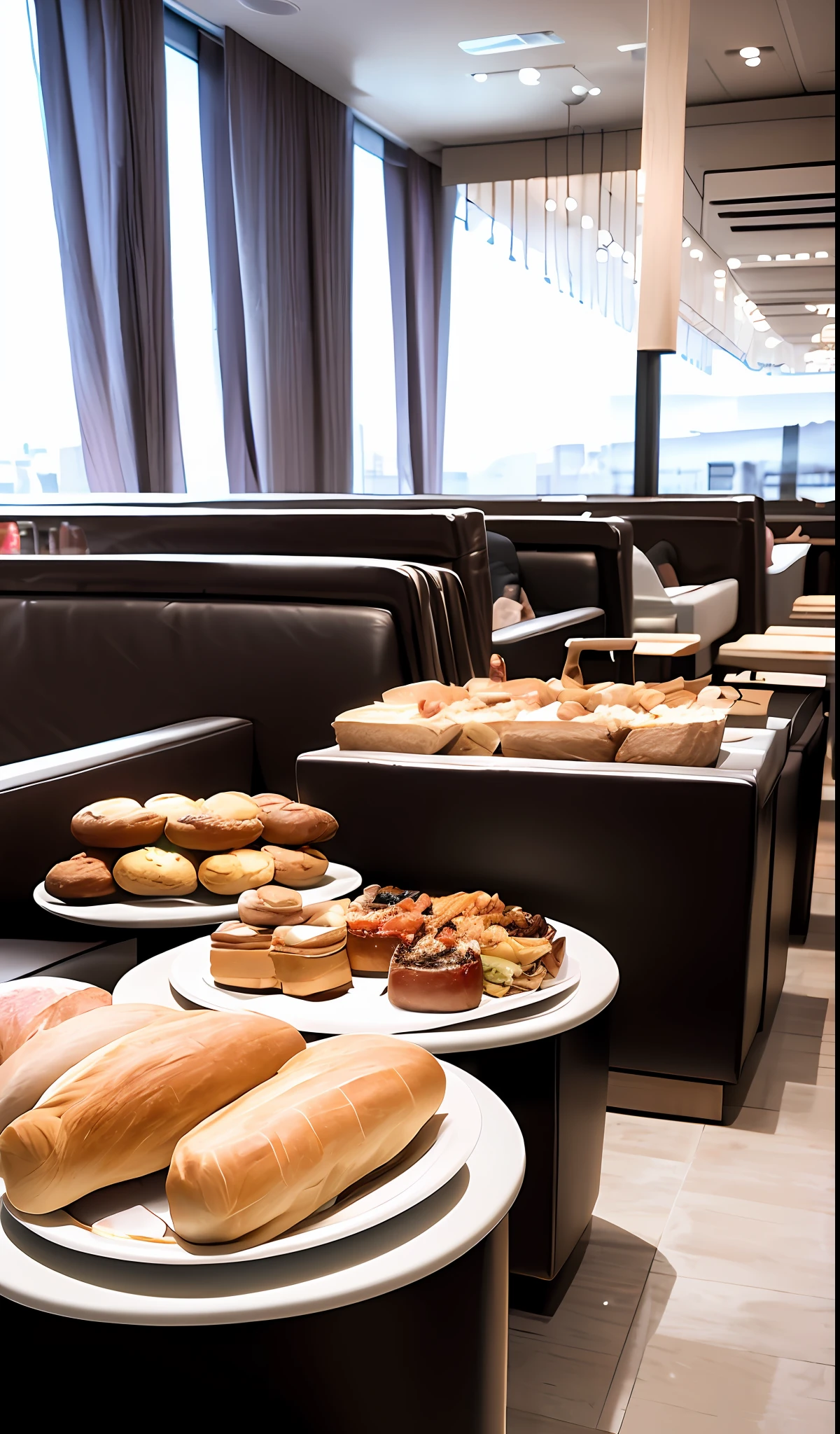 Lounge with 4 tables: coffee, bread, cups, sandwiches, cheese