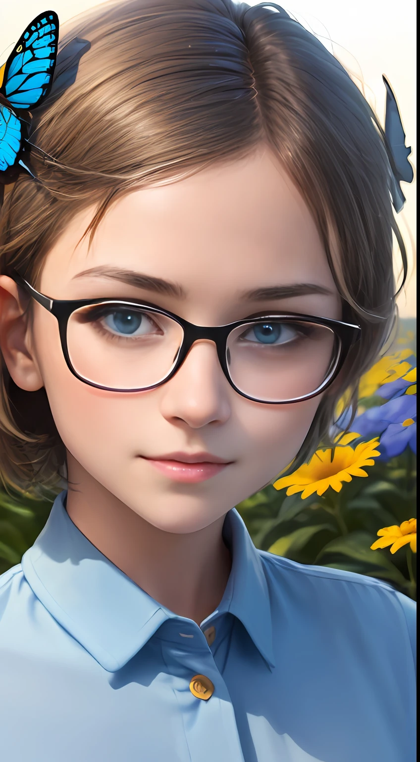 (A high resolution,High illumination,4K),blue rimmed glasses,Long face,girl,the face,Detailed face,eBlue eyes,Flower garden,Very short hair,He has a butterfly on his head,close-up face,The sun at noon,ssmile,:),looking at viewert,Close range - intensity,Blue shirt,