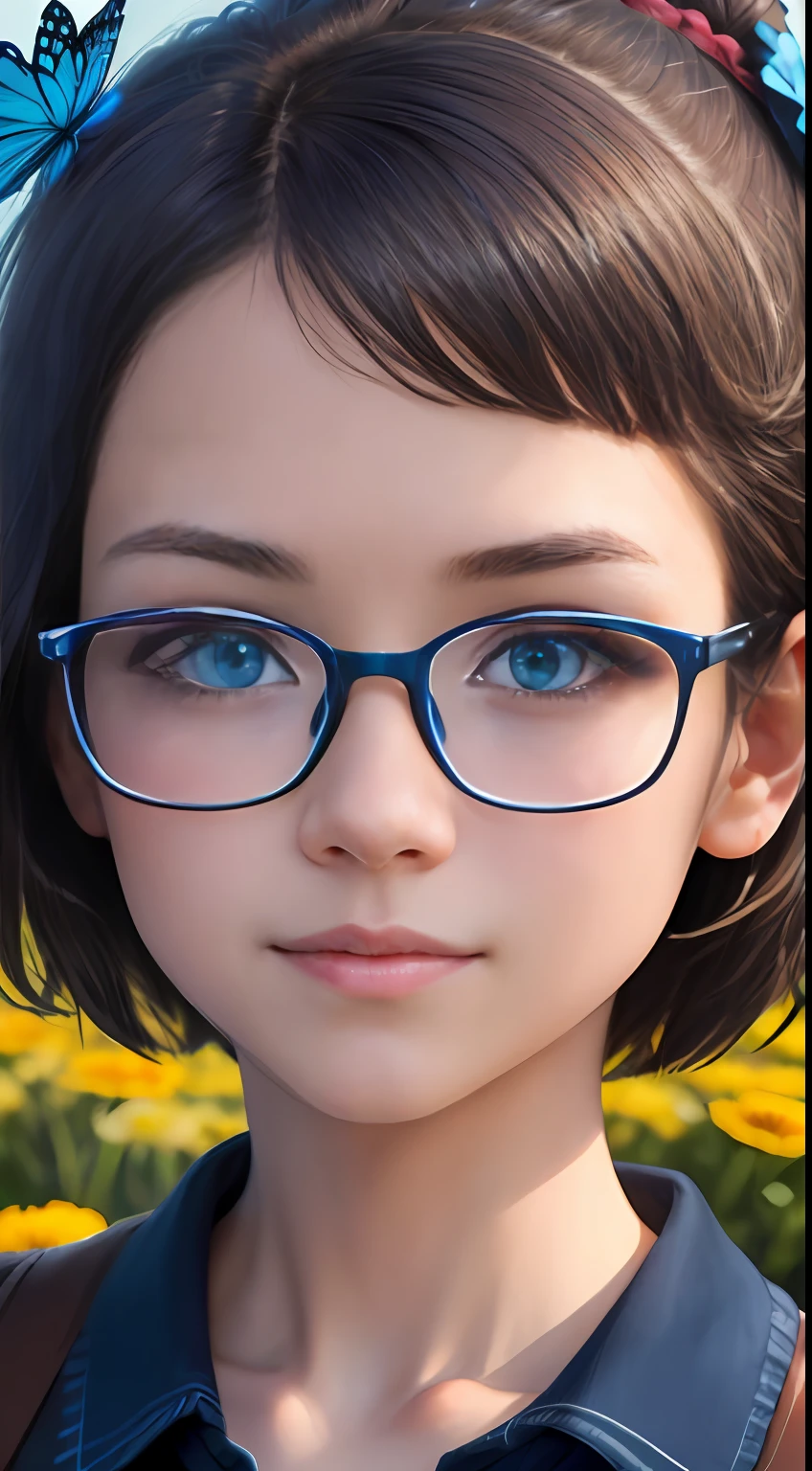 （A high resolution，High illumination，4K），blue rimmed glasses，Long face，girl，the face，Detailed face，eBlue eyes，Flower garden，Very short hair，He has a butterfly on his head，close-up face，The sun at noon，ssmile，:)，looking at viewert，Close range - intensity，Blue shirt，