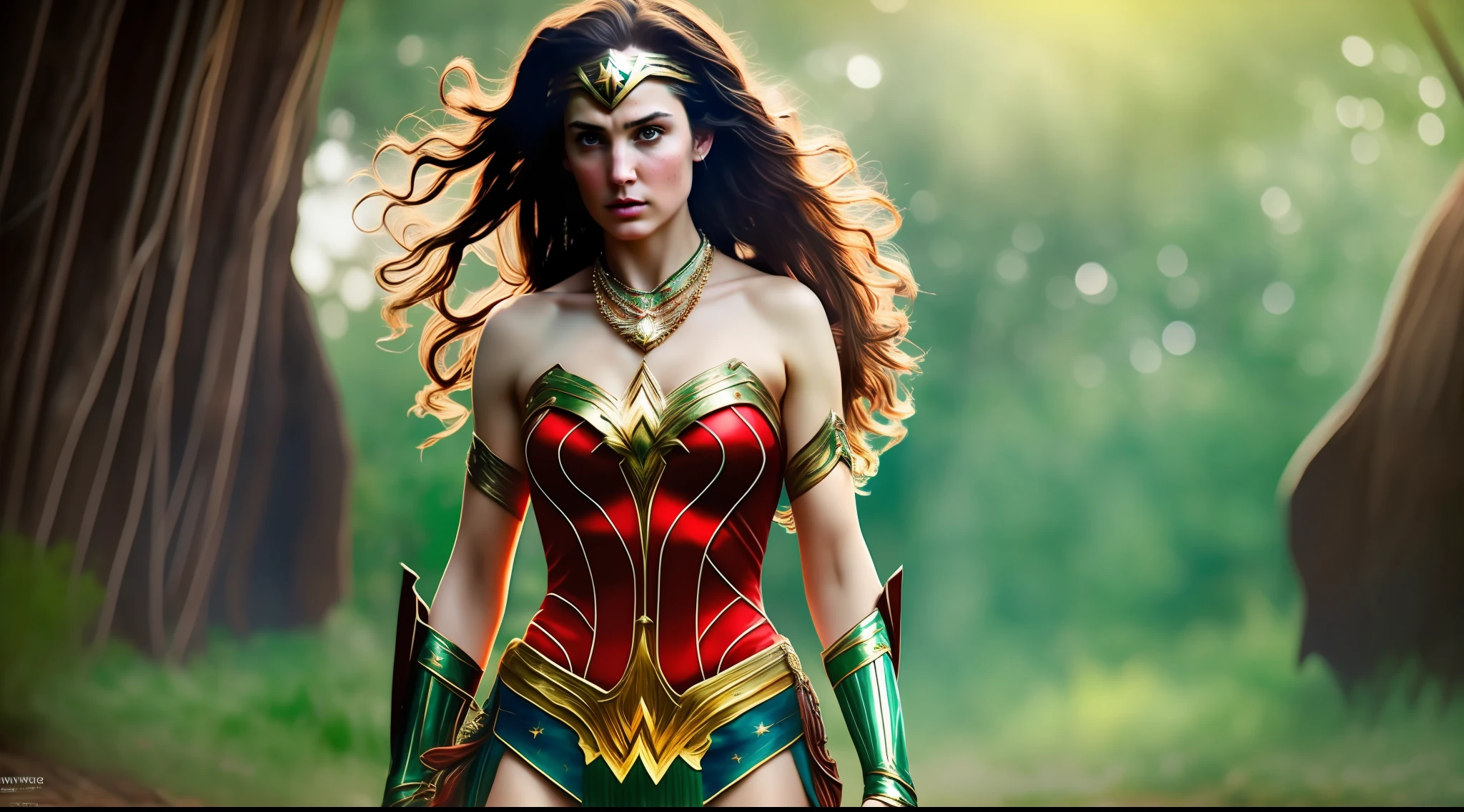 best quality, masterpiece, high_res, girl, hair ornament, necklace, jewelry, wonder woman clothing, two-tone lighting, realistic photo, high resolution 4k, light brown hair, body view from head to knees, green eye color. , warrior armed hunter, (((wild west))) environment, Utah landscape, ultra realistic, conceptual art, elegant,