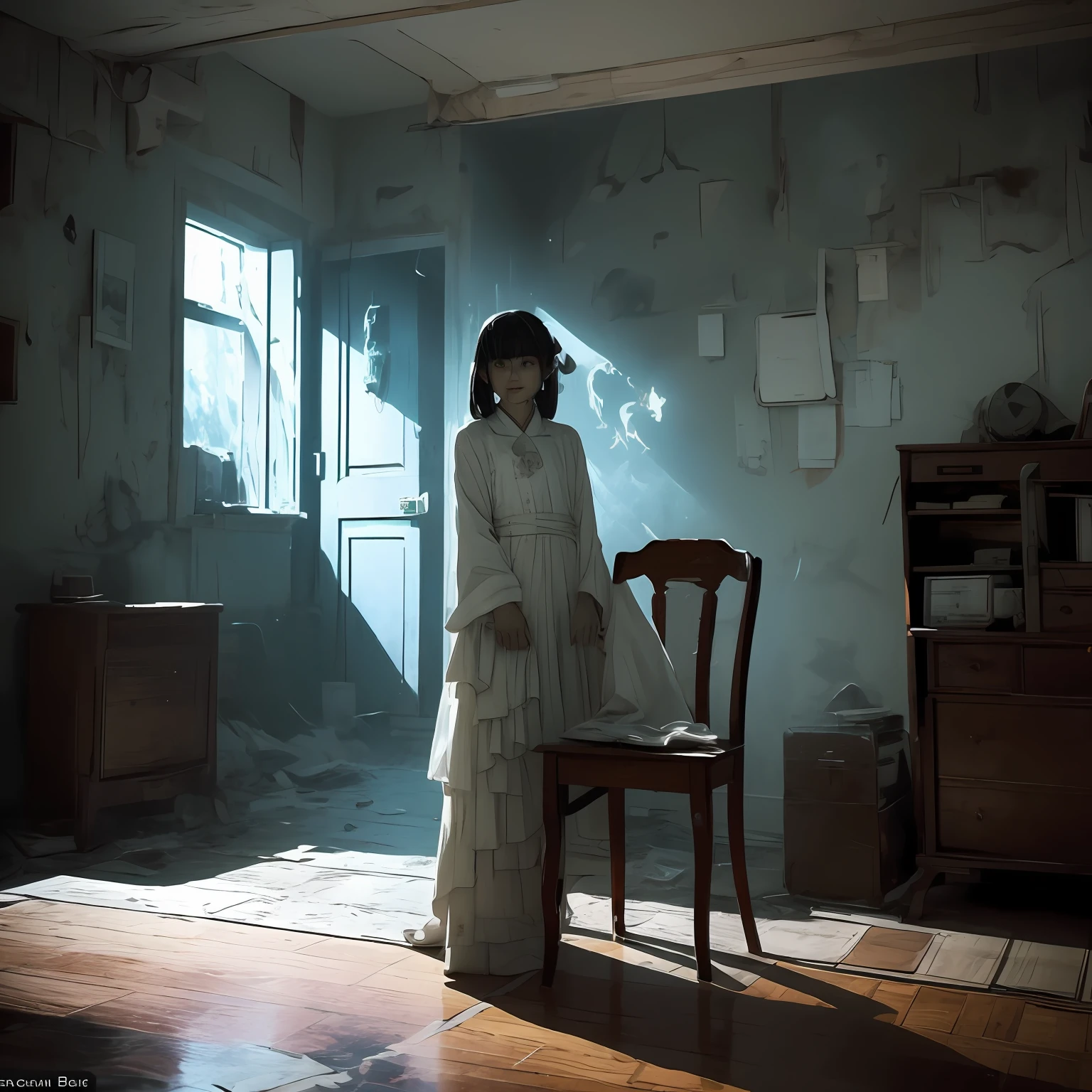 A Photo of an alone Japanese  girl ghost. In the dimly lit, claustrophobic confines of a small room in Tokyo, a ghostly presence emerges, consumed by the macabre world of a horror game. It lurks in a desolate corner, shrouded in impenetrable darkness, its malevolent gaze fixed upon the player with an unnerving and twisted smile that sends shivers down the spine. The ghostly apparition is draped in a tattered, filth-ridden white dress, a haunting relic of the past, and its ethereal form wavers, revealing glimpses of the spectral realm beyond.

Within the room's suffocating atmosphere, a dilapidated chair, a forgotten relic from another era, stands as a chilling reminder of the room's sinister history. Time has eroded its once ornate carvings, leaving behind a decaying shell that echoes with the anguished whispers of souls long departed. The walls, adorned with faded photographs of forgotten faces, seem to exude a mournful presence, as if the very essence of those captured within yearns for release from their eternal purgatory.

A pale blue luminescence emanates from the ghost's eyes, casting an eerie glow that permeates the air, suffusing every corner of the room with a spectral incandescence. Shadows dance and contort under the ethereal radiance, twisting into grotesque forms that mock the sanity of the living.

As the ghost silently extends its translucent hand, a bone-chilling stillness descends. With each agonizingly slow movement, it inches closer to the player, a creeping specter of doom. But no matter how near it draws, the ghost's transparent hand never breaches the threshold of the tangible world, leaving a trail of icy dread in its wake. It is an embodiment of torment, forever denied the solace of human touch.

Yet, paradoxically, amidst the palpable terror