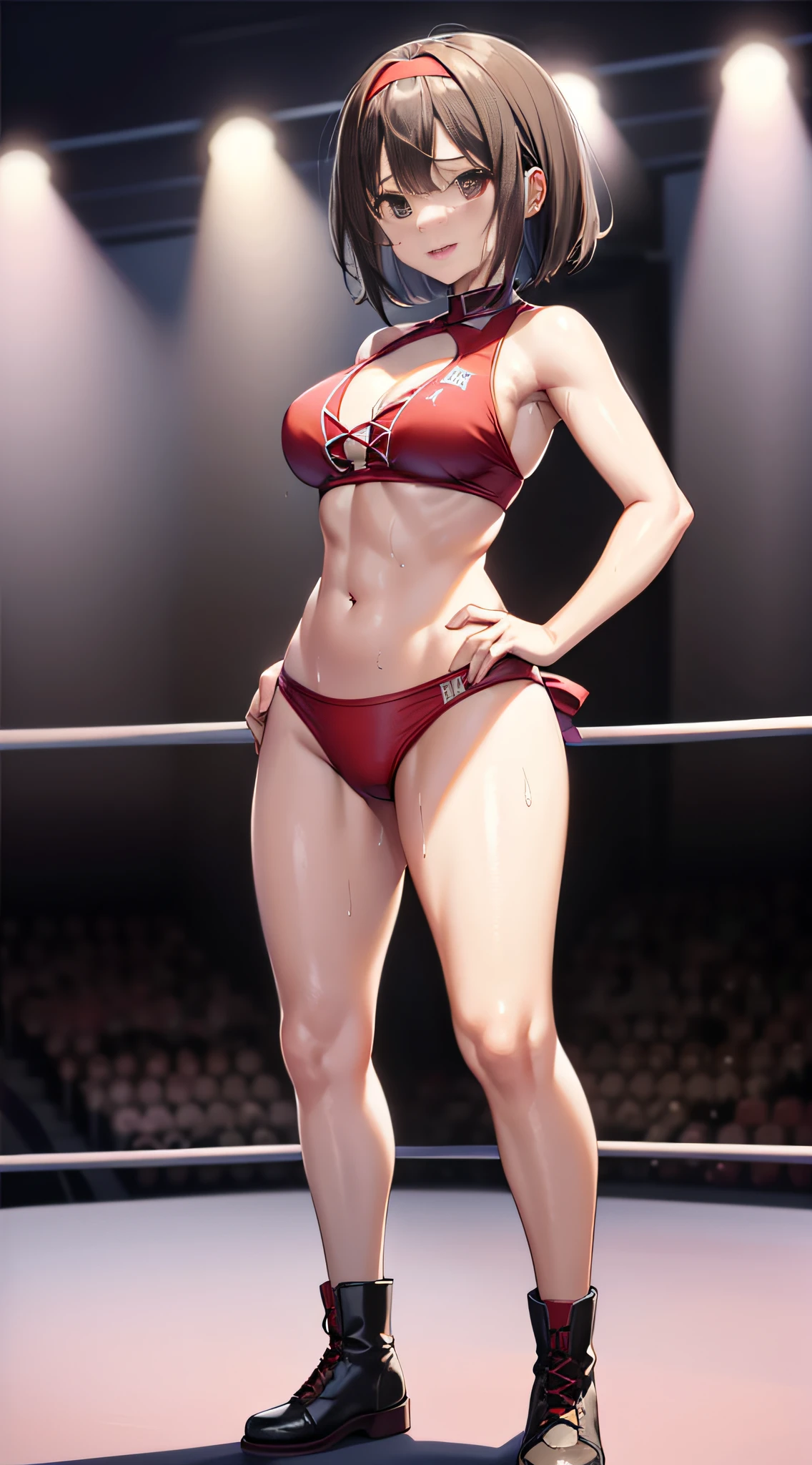 top-quality、extremely delicate and beautiful、(One Person)、(貧乳1:3)、Girly、Girly、( old girl)、(Dark hair)、(maikurobikini)、((a short bob))、(red hairband)、(Brown boots)、A smile、professional wrestling、Crowd Circle View、professional wrestling、spectator seats、Crowd Circle View、Fights in professional wrestling、Fighting、Rise to the pinnacle of professional wrestling、Facing the front、Hands on the hips、Stand alone in the ring、shinny skin、crotch accentuation、mekosji、Body wet with sweat、Seductive open lip、Thick lip、Muscular emphasis、athlete、Split abs、
