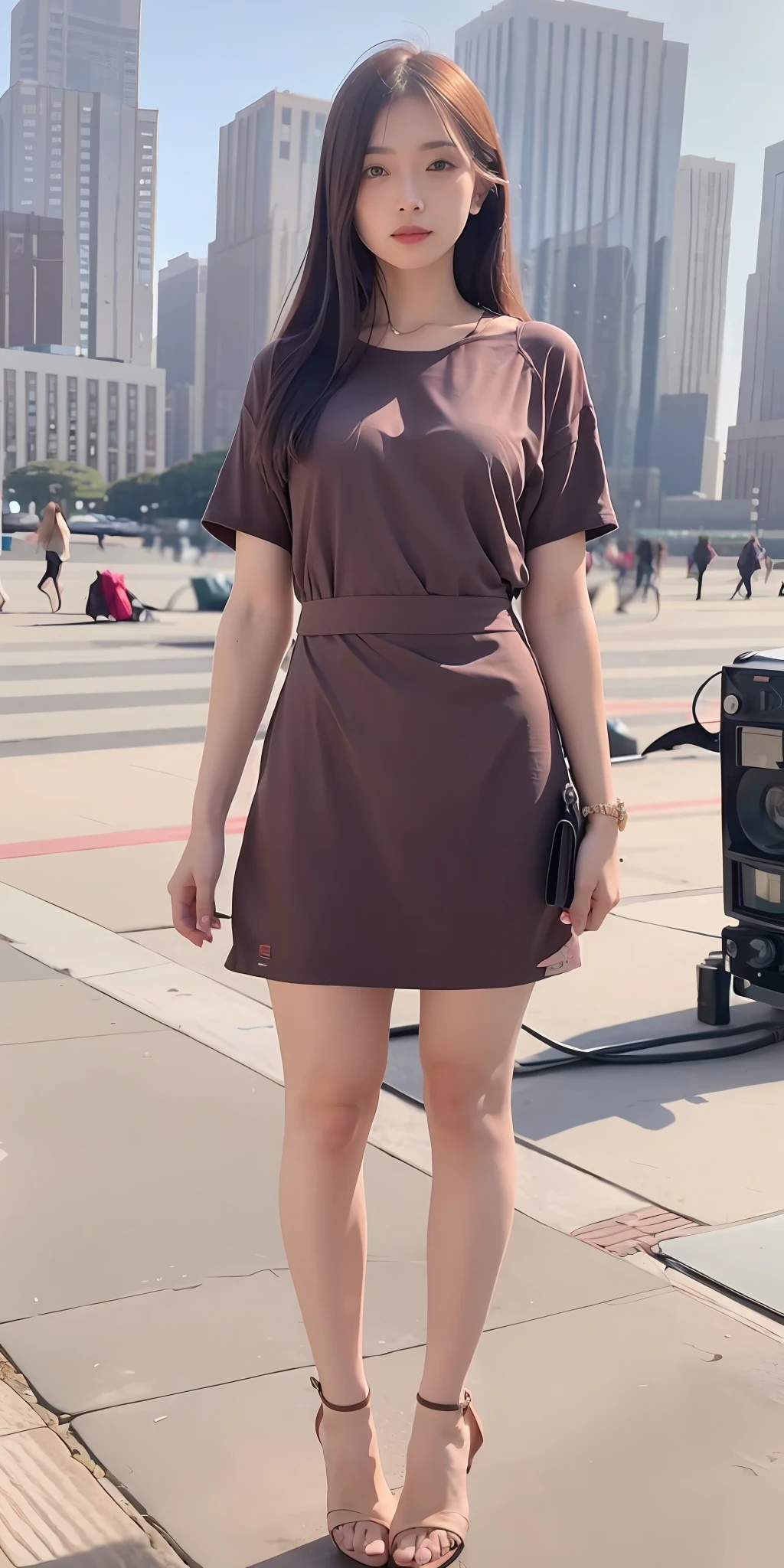 mix4, 20d, solo, long_hair, shirt, dress, high_heels,full_body, look_at_viewer, (8k, RAW photo, highest quality, masterpiece:1.2), (realistic, photorealistic:1.37), professional lighting, photon mapping, radio city, physically based rendering,