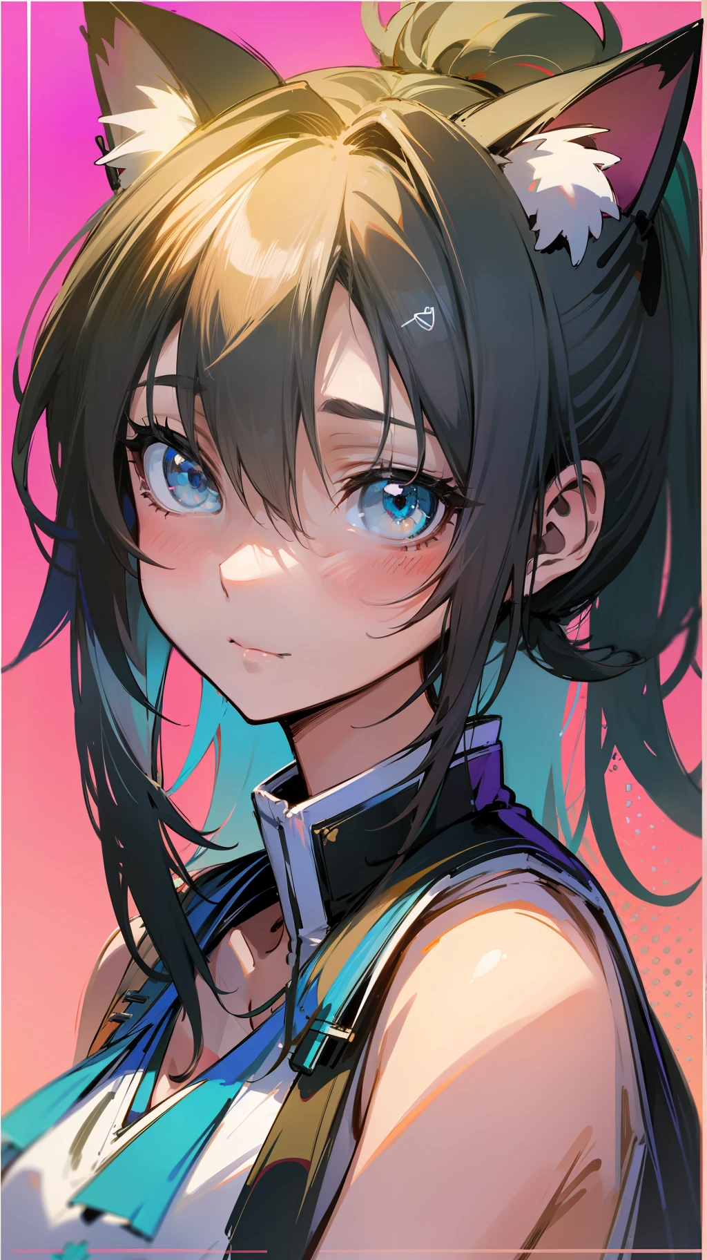 best qualtiy, tmasterpiece, 超高分辨率,Turquoise eyes,Cat-eared lady,Blonde hair high ponytail,teens girl,soio,solid color backdrop,A shy expression,Casual attire