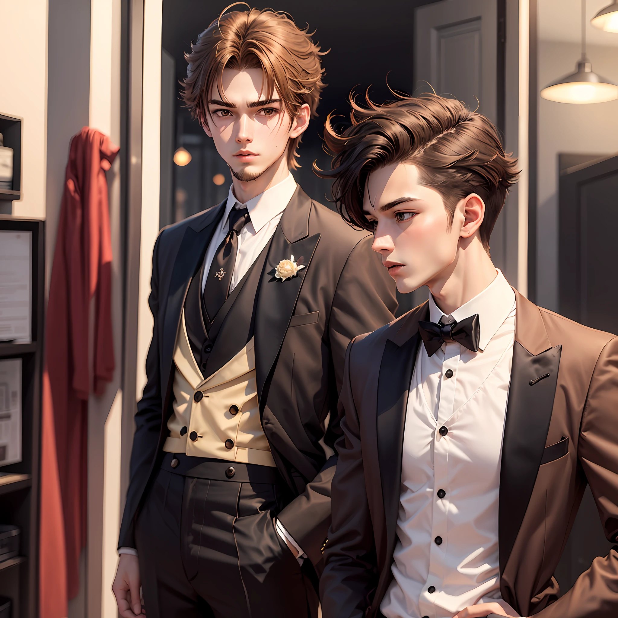 Lanky anime boy brown hair beard 18 years old tall kind tuxedo --auto