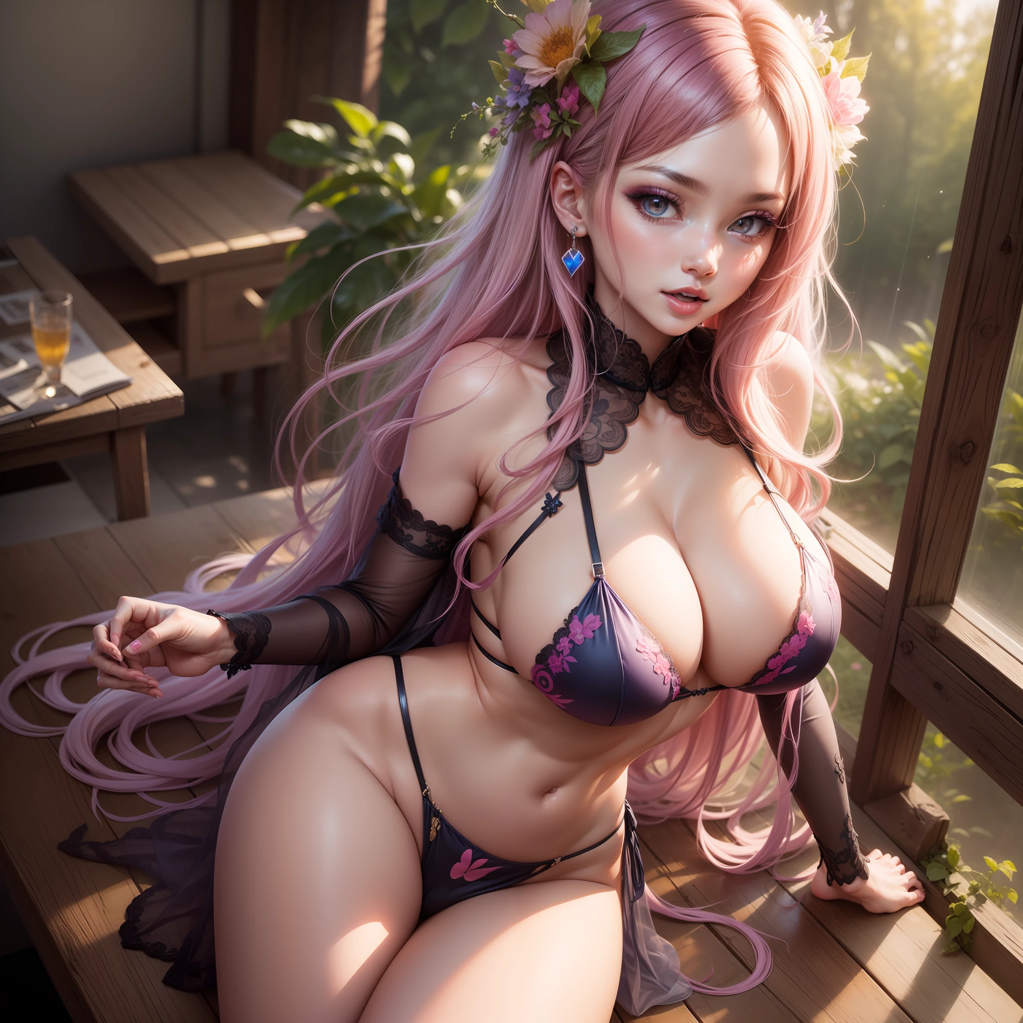 Best quality,Amazing,Masterpiece,Delicate,超高分辨率,Ultra detailed,intricately details,Beautiful detailed,8K resolution,(Extremely detailed Cg Unity 8K wallpaper),Sharp focus,((No text)),breast conscious,gigantic cleavage breasts,Areola Slip,Covered,Bursting breasts,Lively breasts,framed breasts,Highly transparent flesh-colored mini bikini,Flesh-colored chest sticker,Flesh-colored chest sticker,Tongue stock,Makeup,cheerfulness,Reflectors,ahegao,Pink eyes,Heart earrings,1,Solo,Female pervert,view the viewer,hair flower,Long hair,multicolored hair,Shiny hair,Barefoot,Bottomless,Thick thighs,Bare legs,Thighs open, Thighs open