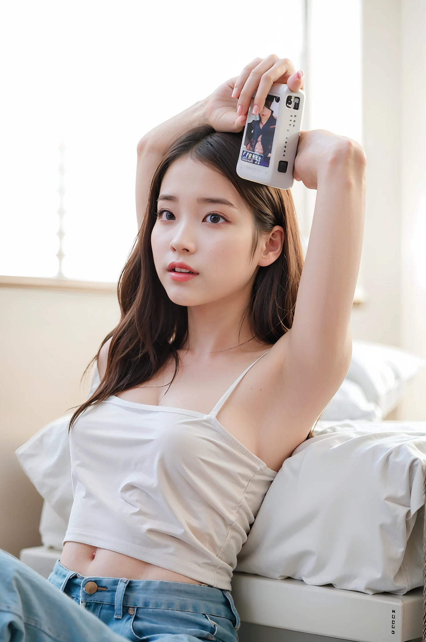 araffe woman in white top laying on bed holding a camera, gorgeous young korean woman, beautiful south korean woman, beautiful young korean woman, instagram model, dilraba dilmurat, posing in bed, armpit, korean woman, korean girl, heonhwa choe, posing in a bedroom, wearing white camisole, japanese model, iu1, lee ji-eun