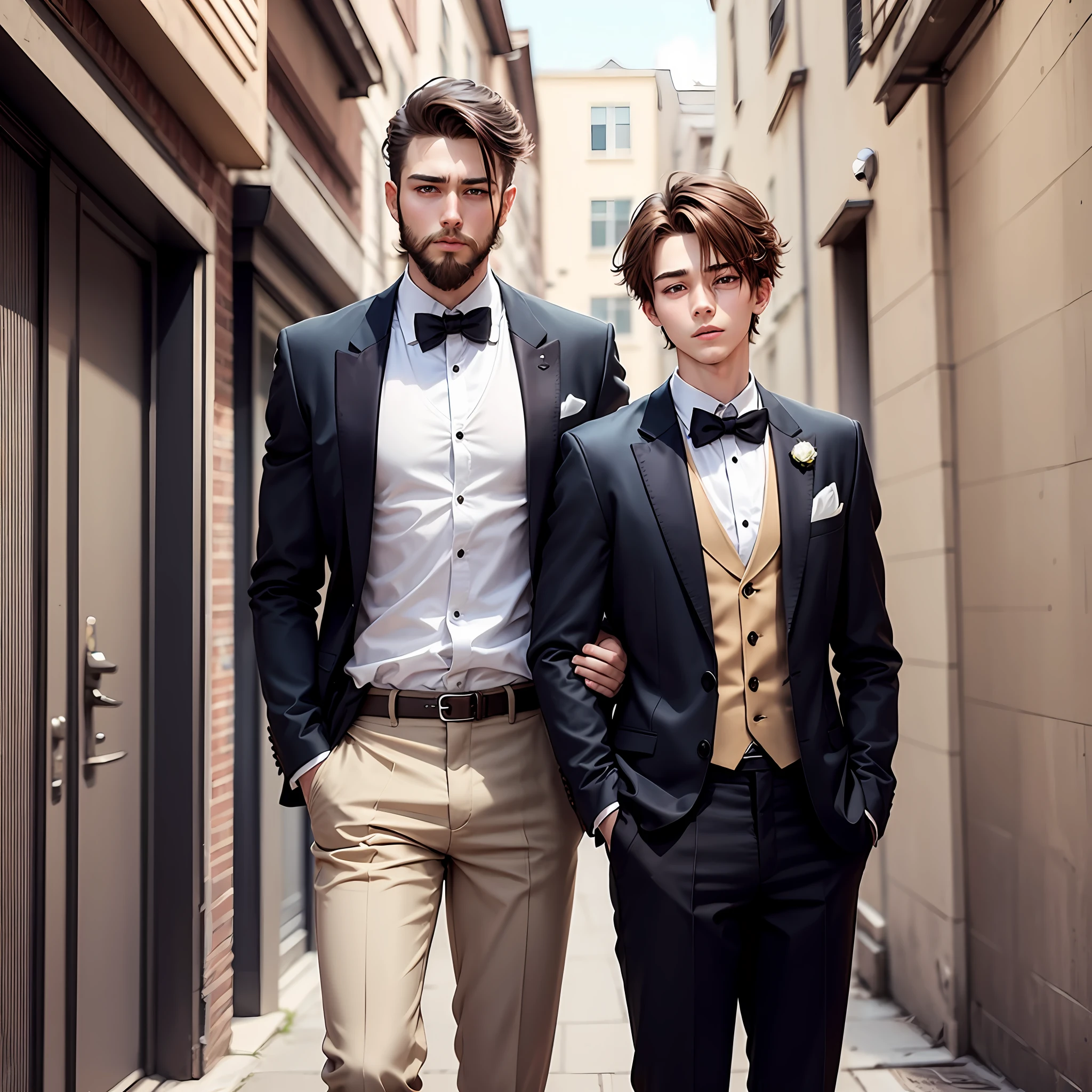 Lanky anime boy brown hair beard 18 years old tall kind tuxedo --auto