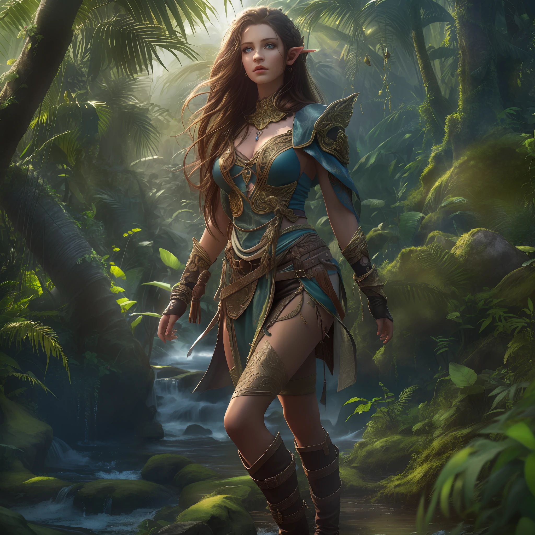 high details, best quality, 8k, [ultra detailed], masterpiece, best quality, (extremely detailed), dynamic angle, ultra wide shot, RAW, photorealistic, fantasy art, realistic art, a female elf druid  (1.5 intricate details, Masterpiece, best quality) [[shapechange into a leopard]] in a jungle,  a female elf wearing leather clothes (1.4 intricate details, Masterpiece, best quality), leather boots, thic hair, long hair, brown hair, intense blue eyes, vibrant jungle (intense details), many jungle trees (1.3 intricate details, Masterpiece, best quality), vines, a river flowing, sun light, dinamic light. dinamic angle, (1.4 intricate details, Masterpiece, best quality) 3D rendering, high details, best quality, highres, ultra wide angle