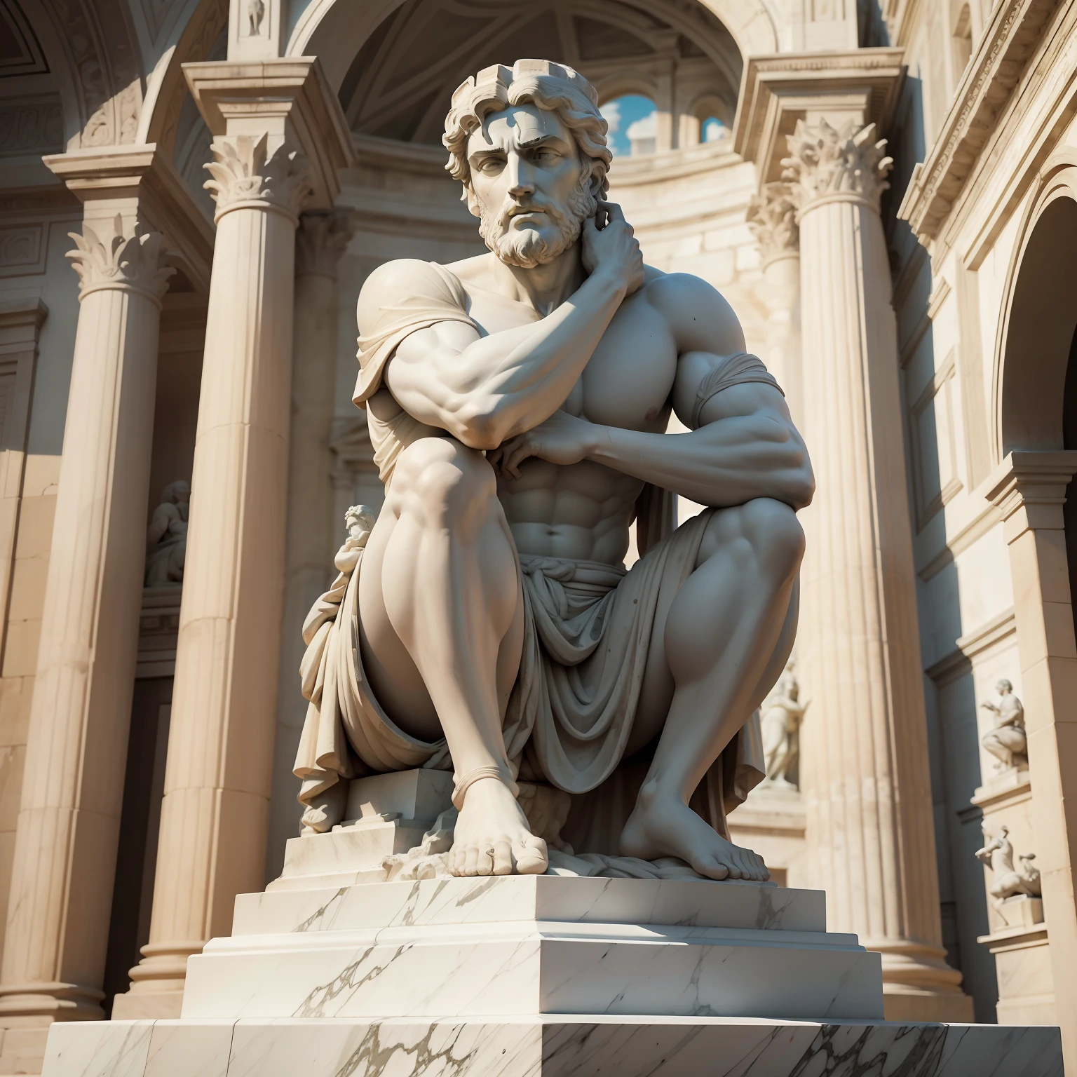 Search caricature of ancient statue of Ancient Rome, depicting a man sitting with his hand on his chin and staring at the ground, white marble, com fundo verde claro. --auto