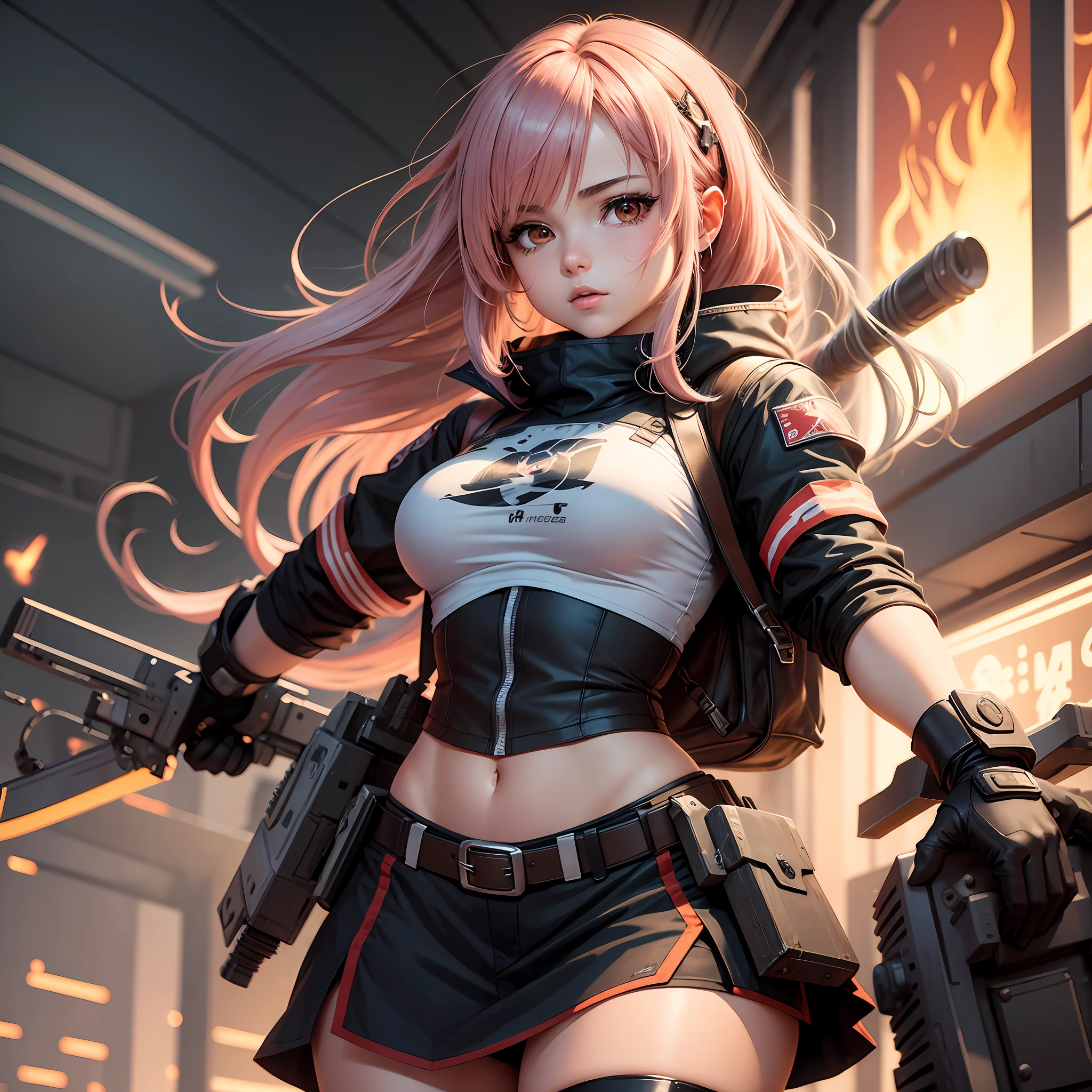 Menina anime com uma arma e uma camisa em, menina anime loira com cabelo longo, female action anime girl, personagem de anime feminino, badass anime 8 k, garota de anime desonestos, menina anime sedutora, portrait of a female anime hero, fire!! corpo inteiro, (menina anime), de meninas da linha de frente, kantai collection style, mulher anime, Menina da armadura, Waifu, menina anime --auto