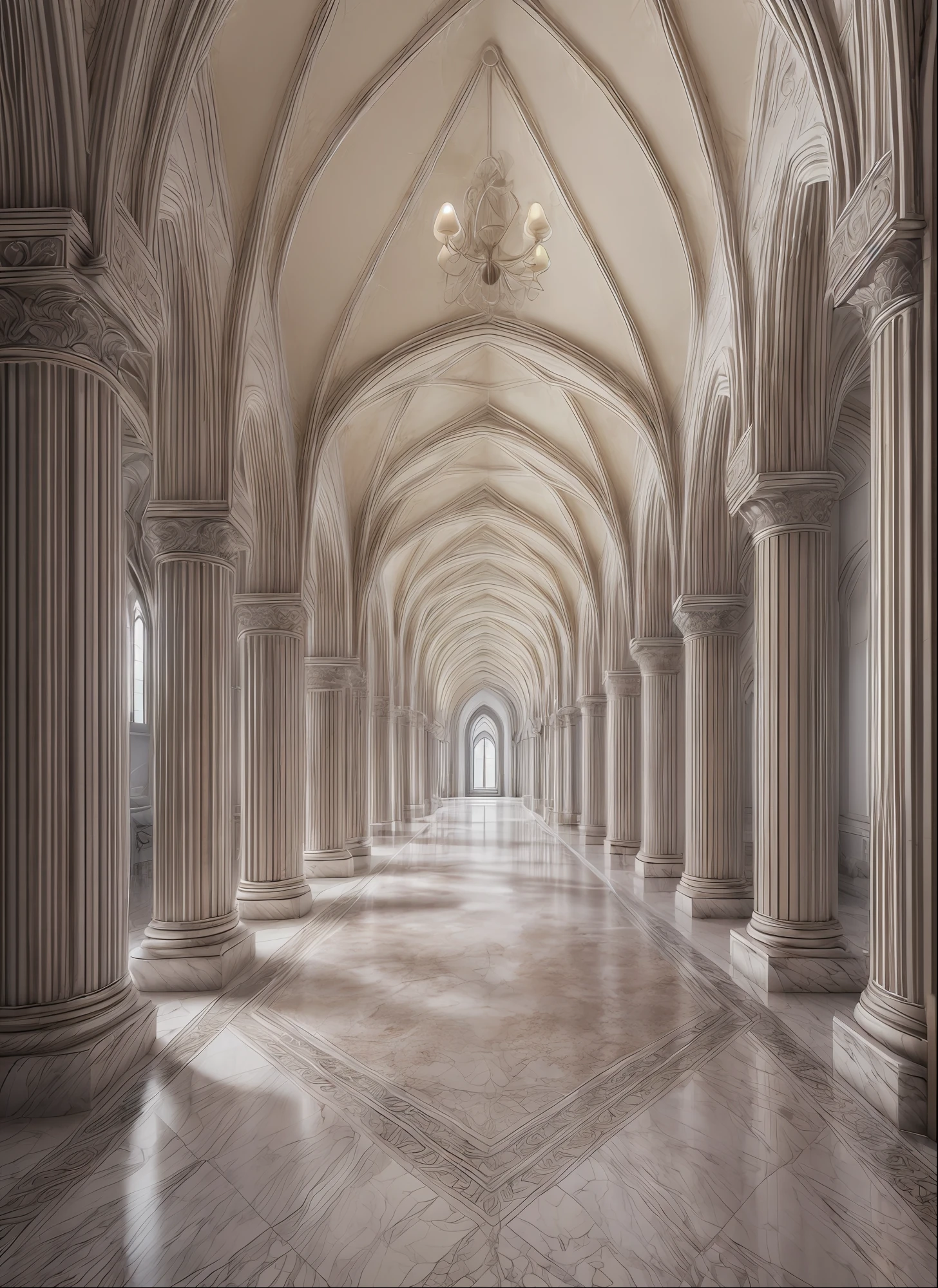 A picture of an extremely long hallway in a white cathedral with intricate designs on the walls and ceiling, 25ft high ceilings, grand archway, marble floor, chandeliers, shallow depth of field, cinematic light, soft light (RAW, analogue, Nikon Z 14mm ultra-wide angle lens, award-winning glamour photograph, ((best quality)), ((masterpiece)), ((realistic)), tessellation, ambient occlusion, ray-tracing, subsurface scattering, radiant light rays, high-res, high detail, sharp focus, aesthetic, extremely detailed, (extremely detailed), extremely detailed, octane render, photorealistic, realistic, post-processing, max detail, realistic shadows, roughness, real life, ultra-realistic, photorealism, photography, 8k UHD, photography, hdr, intricate, highly detailed, sharp focus, stunning, 8k, intricate, highly detailed, majestic, digital photography, (masterpiece, sidelighting, finely detailed eyes: 1.2), HDR, wide angle camera, full portrait,