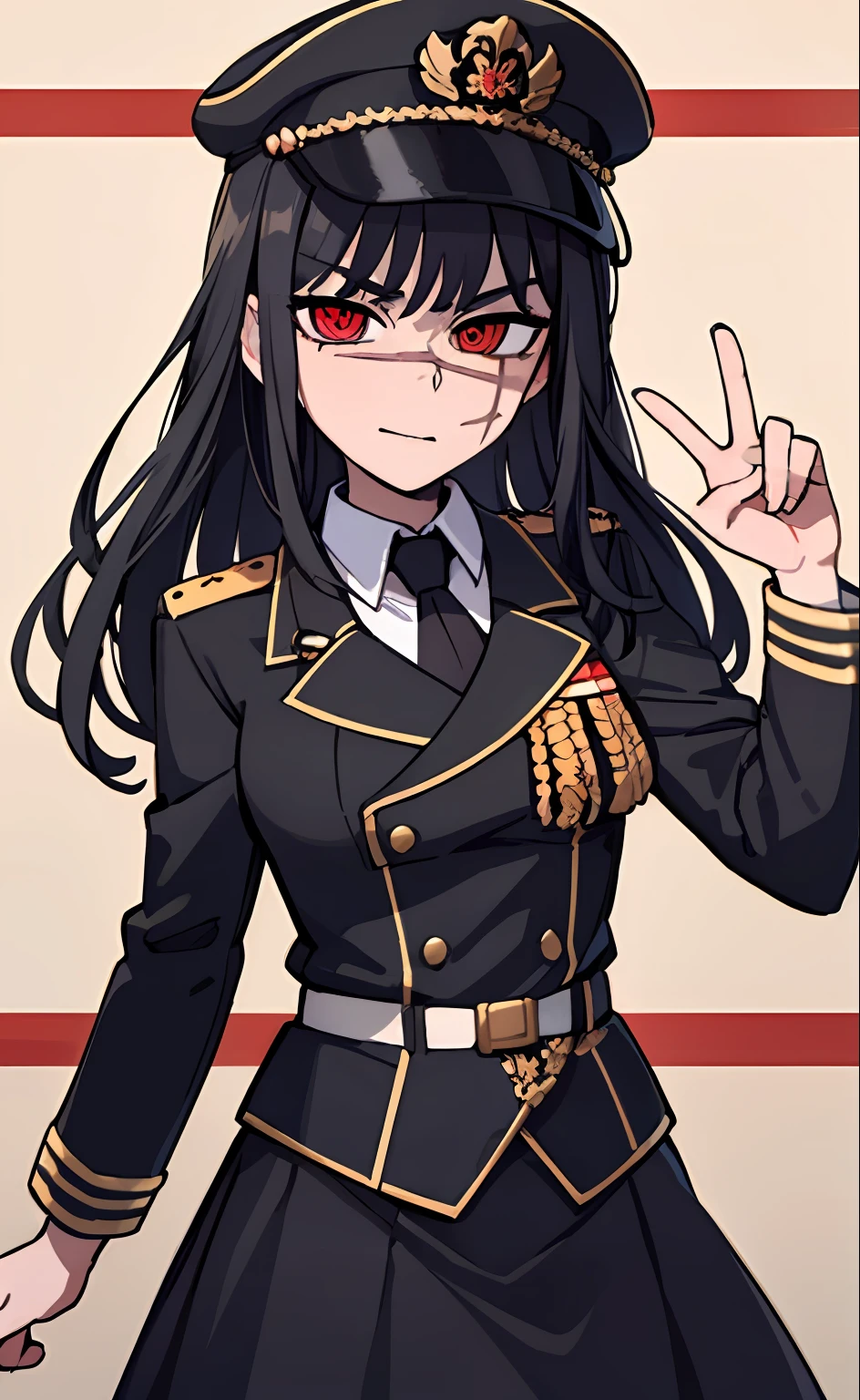(masterpiece, best quality: 1.2), Solo, 1girl, Yoru \(Chainsaw Man\), looking at the viewer, different poses, red eye, long hair, completely black hair, reference to clothing of a German WWII general, black long sleeves (best quality), scar on face, beautiful eyes, has only 2 arms, has war medals on his clothes, Black Military Cap, Golden Eagle Medal on Clothing, (Wallpaper), (8K HD), (8K HD), Golden Shoulder Pads, Sprites, 1 Single Design (obra maestra, mejor calidad: 1.2), Solo, 1girl, Yoru \(Chainsaw Man\), mirando al espectador, sonrisa, feliz, diferentes poses, ojo rojos, cabello largo, cabello completamente negro, reference to clothing of a German general from World War II, mangas largas negras (mejor calidad), cicatriz en la cara, hermosos ojos, tiene solo 2 brazos, manos bien hechas, tiene medallas de guerra en su ropa, Gorra militar negra, Golden Eagle Medal in Dress, (fondo de pantalla), (8K HD), (8K HD), hombreras doradas, sprites, 1 single design