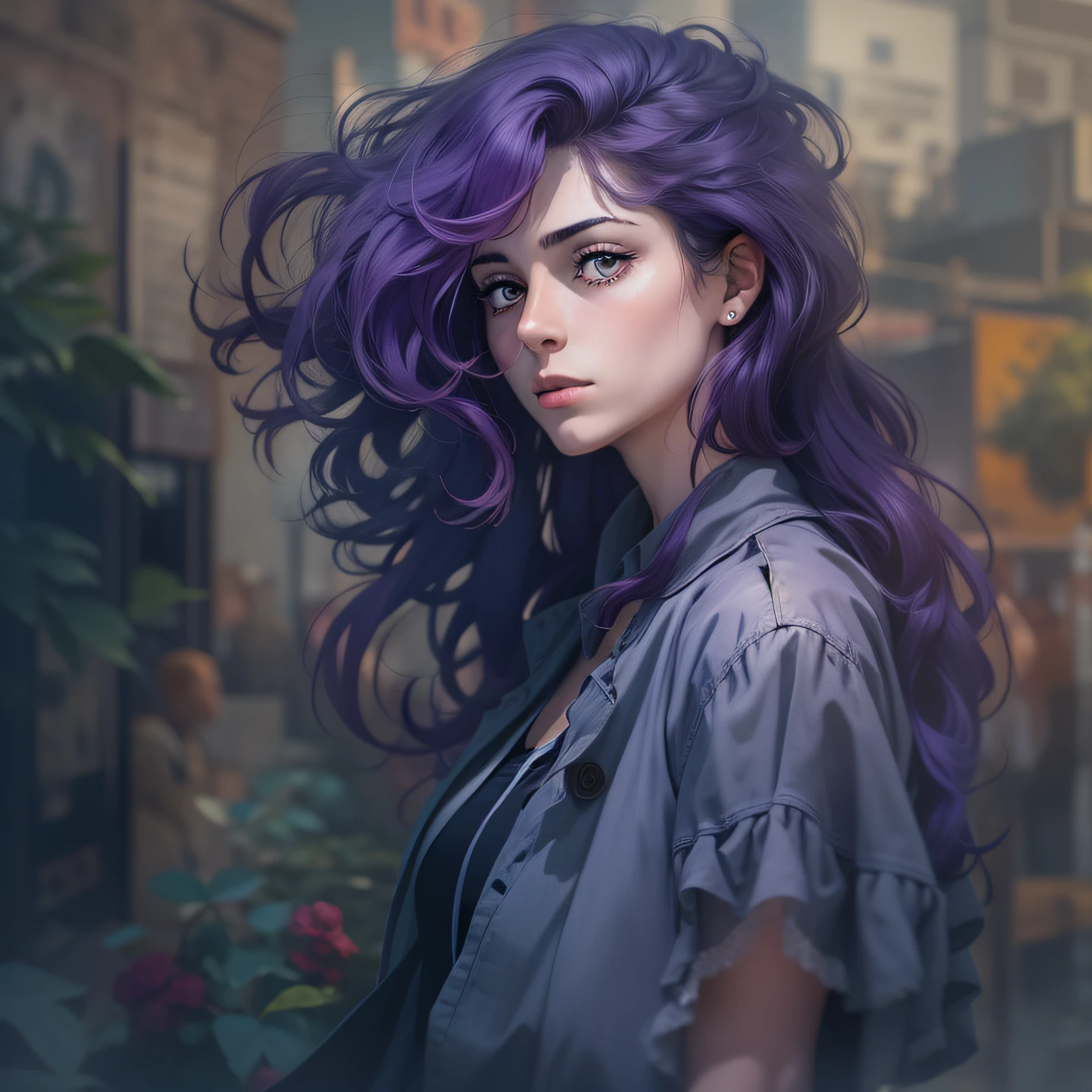 Menina inglesa, cabelos loiros grandes, casaco roxo, olhos azuis