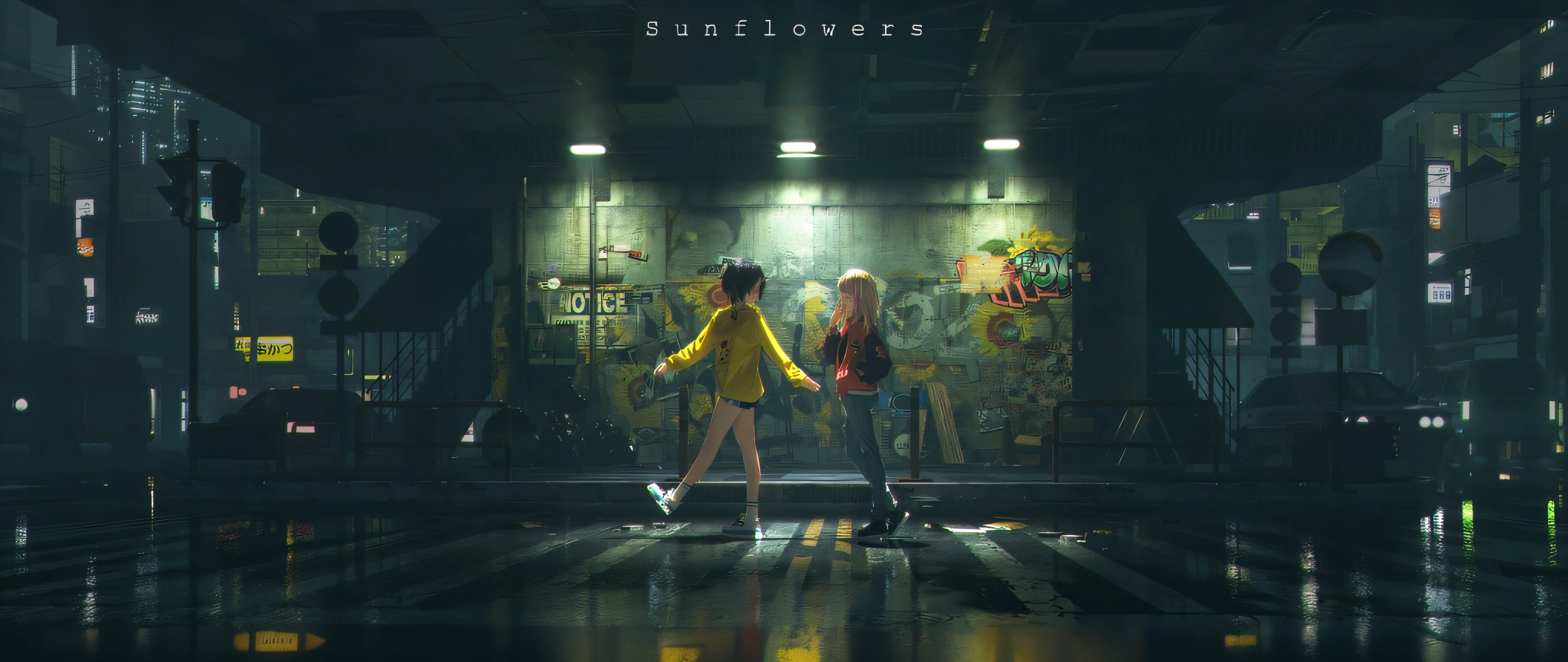 Anime scene of a woman and a man walking in a dark room, Guviz-style artwork, himawari, album cover concept art, photorealistic music album cover, Album art, Official artwork, music album art, Guviz, lofi album art, beautiful sunflower anime girl, Artistic cover, album covers, promo art, cyberpunk flowerpunk