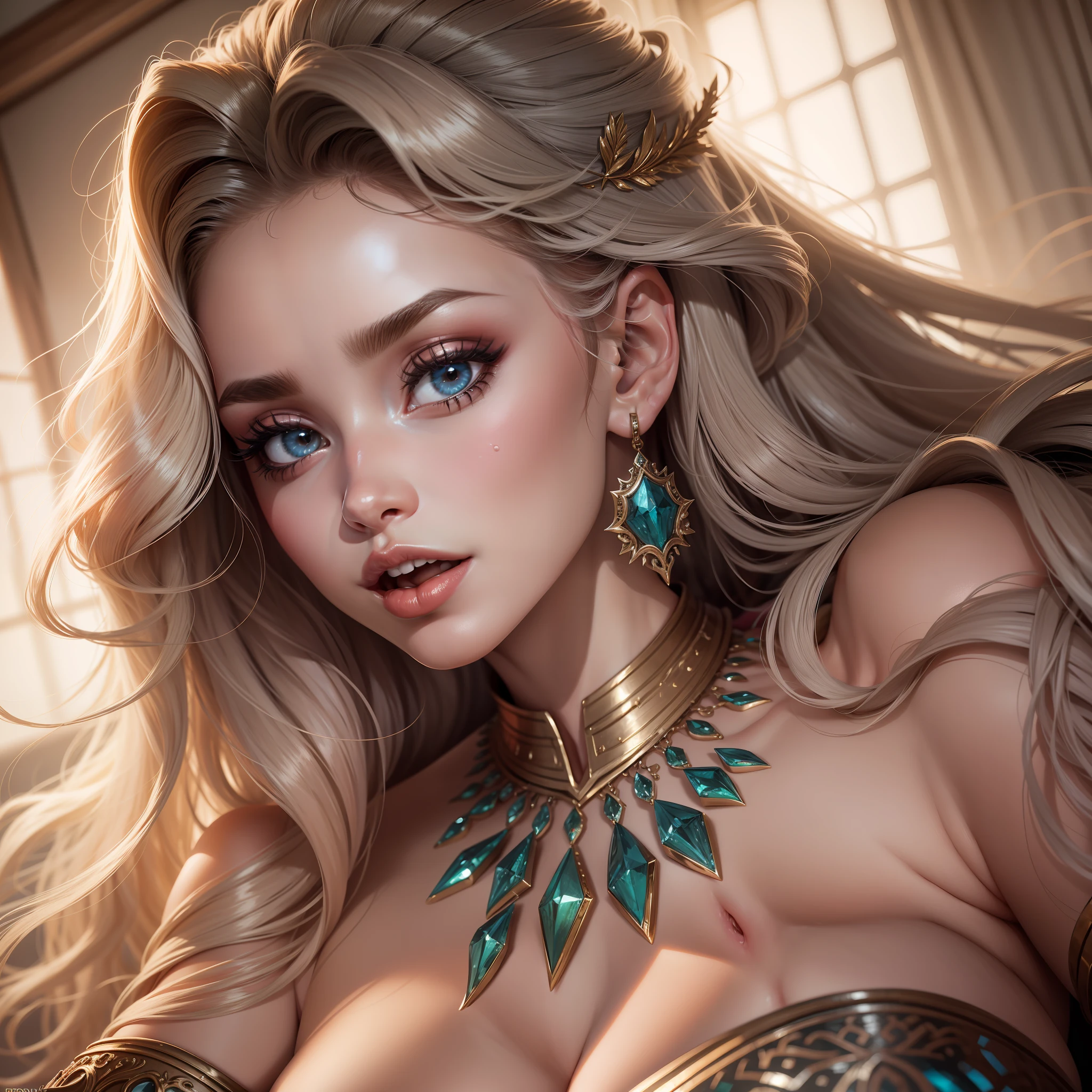 Retrato em close-up da deusa escandinava loira sentada em uma cama, licking lips, Rosto de Elsa Hosk, (Peitos grandes:1.5), clivagem profunda, large elaborate amber necklace, vestindo rendas vermelhas finas transparentes, Olhos azuis claros, cabelos ondulados loiros dourados, red lips, olhar sedutor, Volumetric lighting, fotorrealista, Fundo de Valhalla, ultra detalhado, best quality