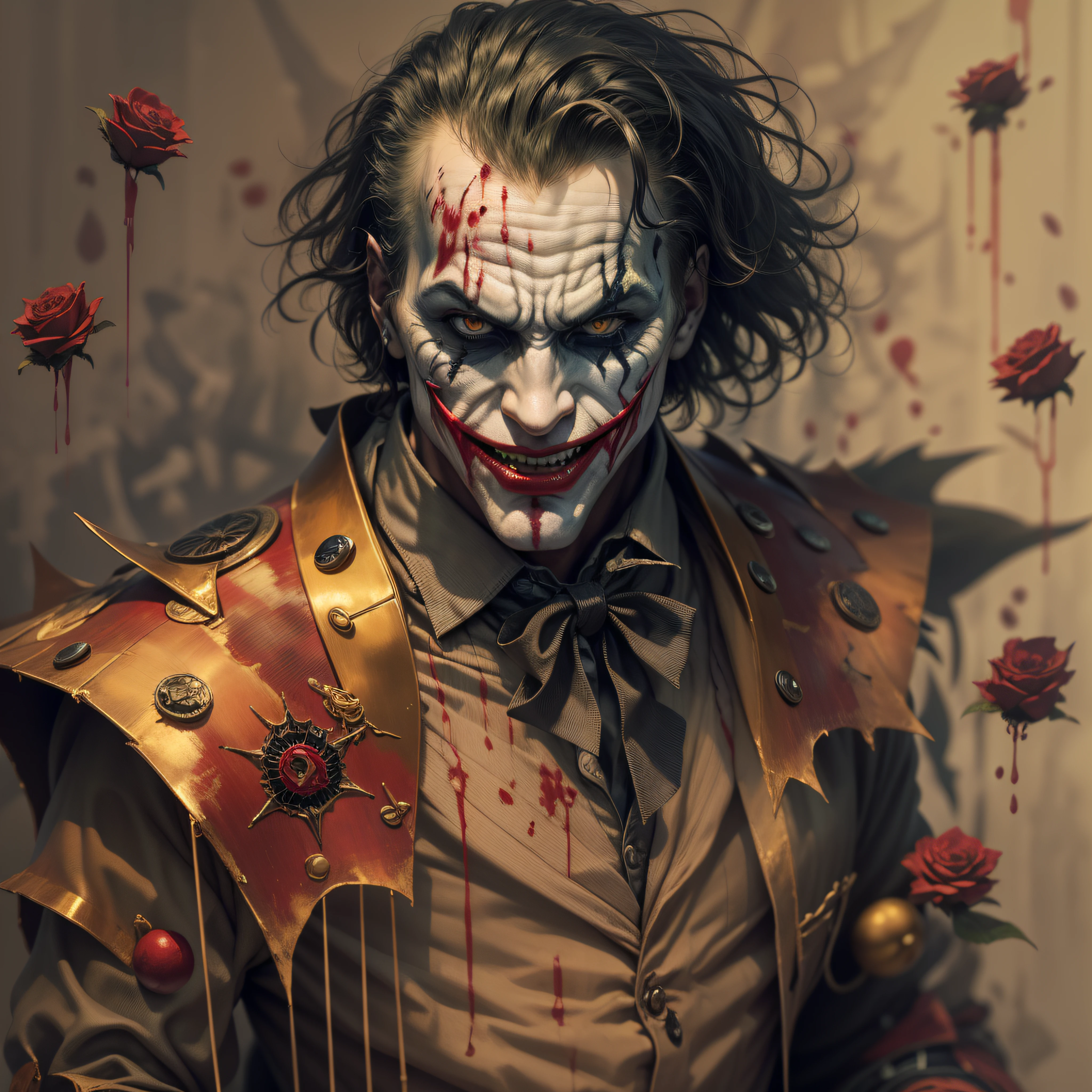 "The Joker's demonic character, The character is walking Holding a cane the color of gold ,um sorriso sinistro,corpo altamente bem feito, blood tears, in the background several clown masks floating at various angles, carta de baralho flutuando na imagem, sombrio, qualidade excepcional, multiple facial scars, Gothic style in dark samurai armor, inspirado no Batman que Ri."