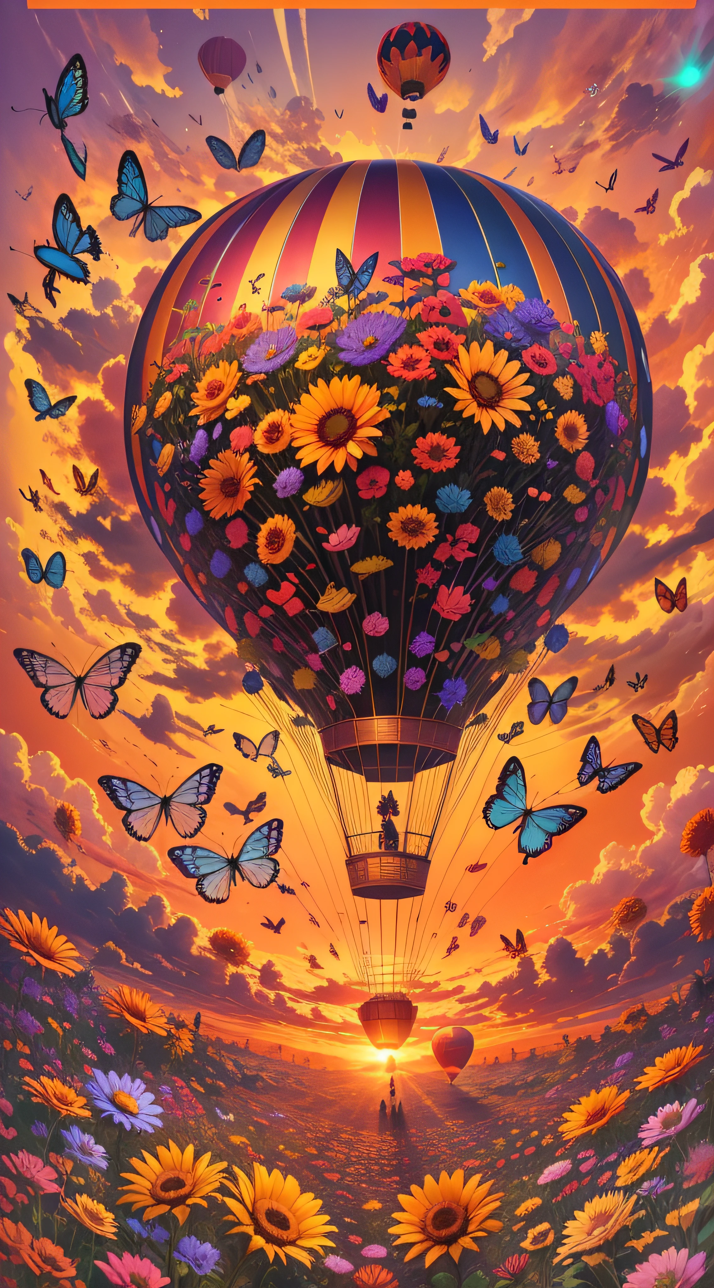 aerial photography, air balloon filled with flowers and butterflies around the orange sky, ablaze colors, futuristic, dreamy, flowercore, native art, acidwave, fairy