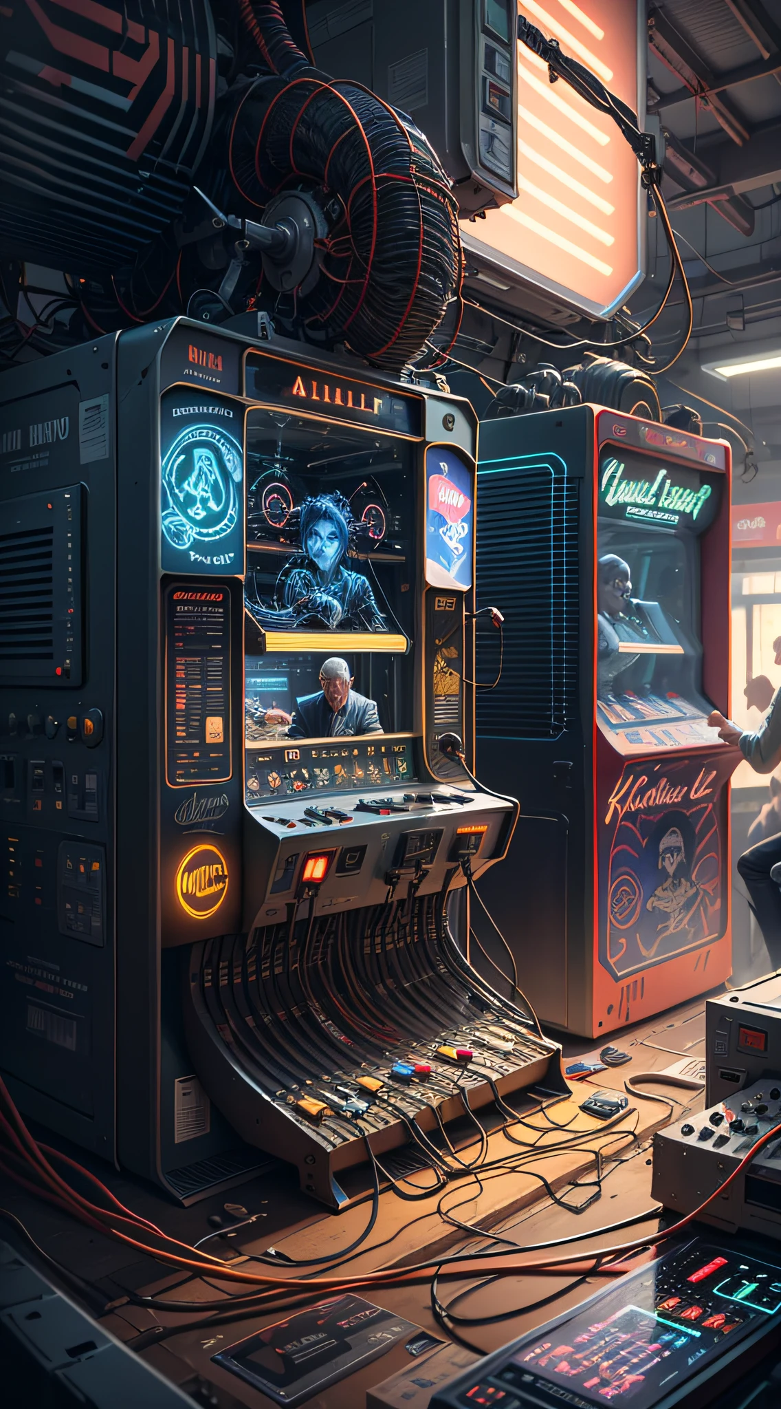 A retrofuturism scene of an arcade wired mess on macbook, mechanical delay, wiring components, ultrago austin metal wiring, iris van Buren, Karol Bak, Kiichi Obituary by Beksinski, david falls fanart gadget machine