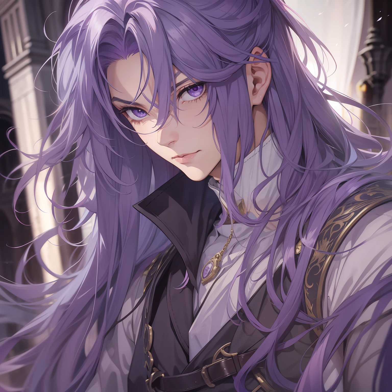 man, Adult, long purple hair, handsome, seductive, attractive gaze, male gender, medieval, arcane, gakupo kamui, black eyes, male, man, lord, man, boy