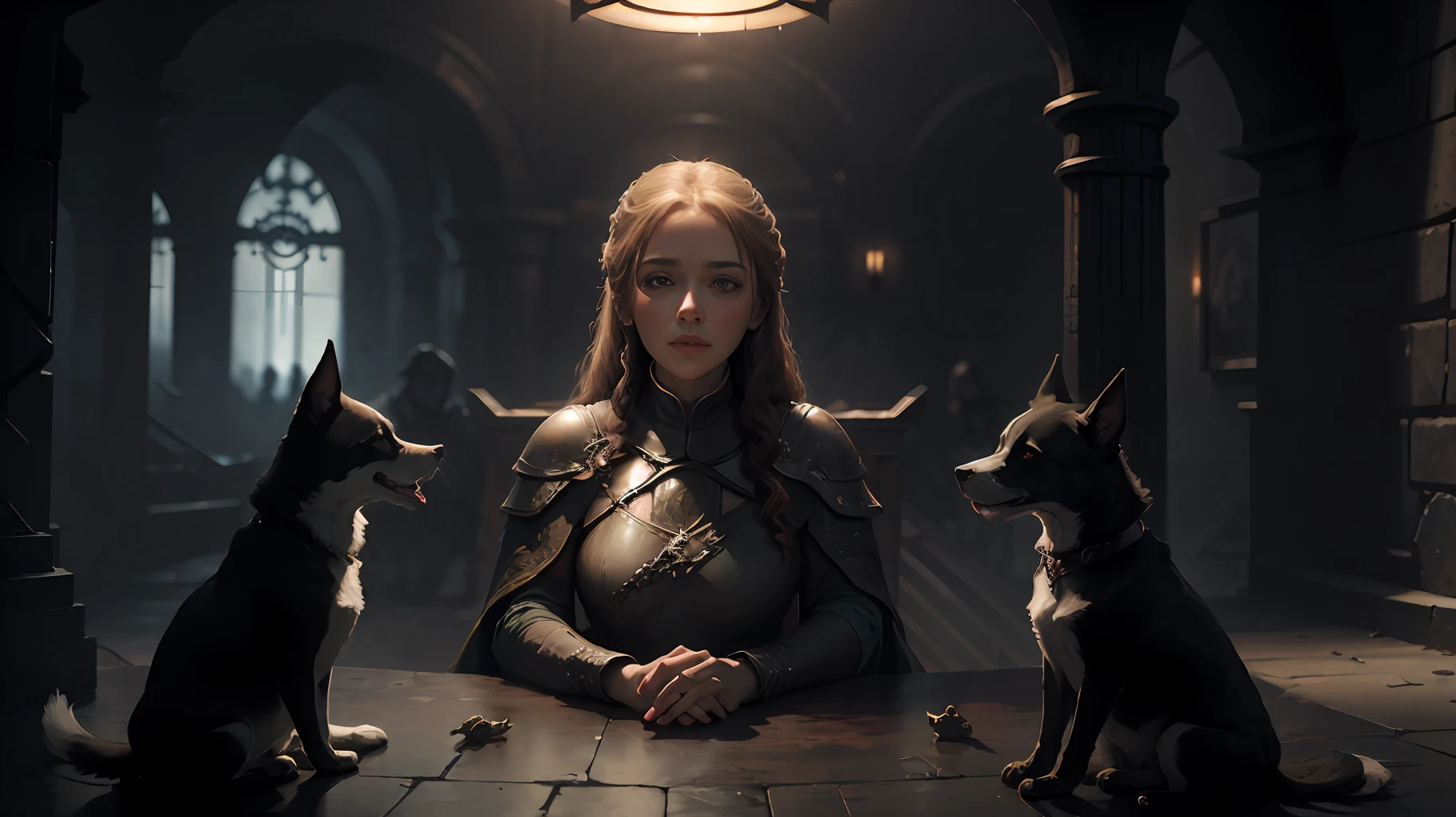 portrait of the priestess of temperance accompanied by her guardian hounds By Milton Glaser & KAWS, Game of Thrones, dungeon synth aesthetic --auto