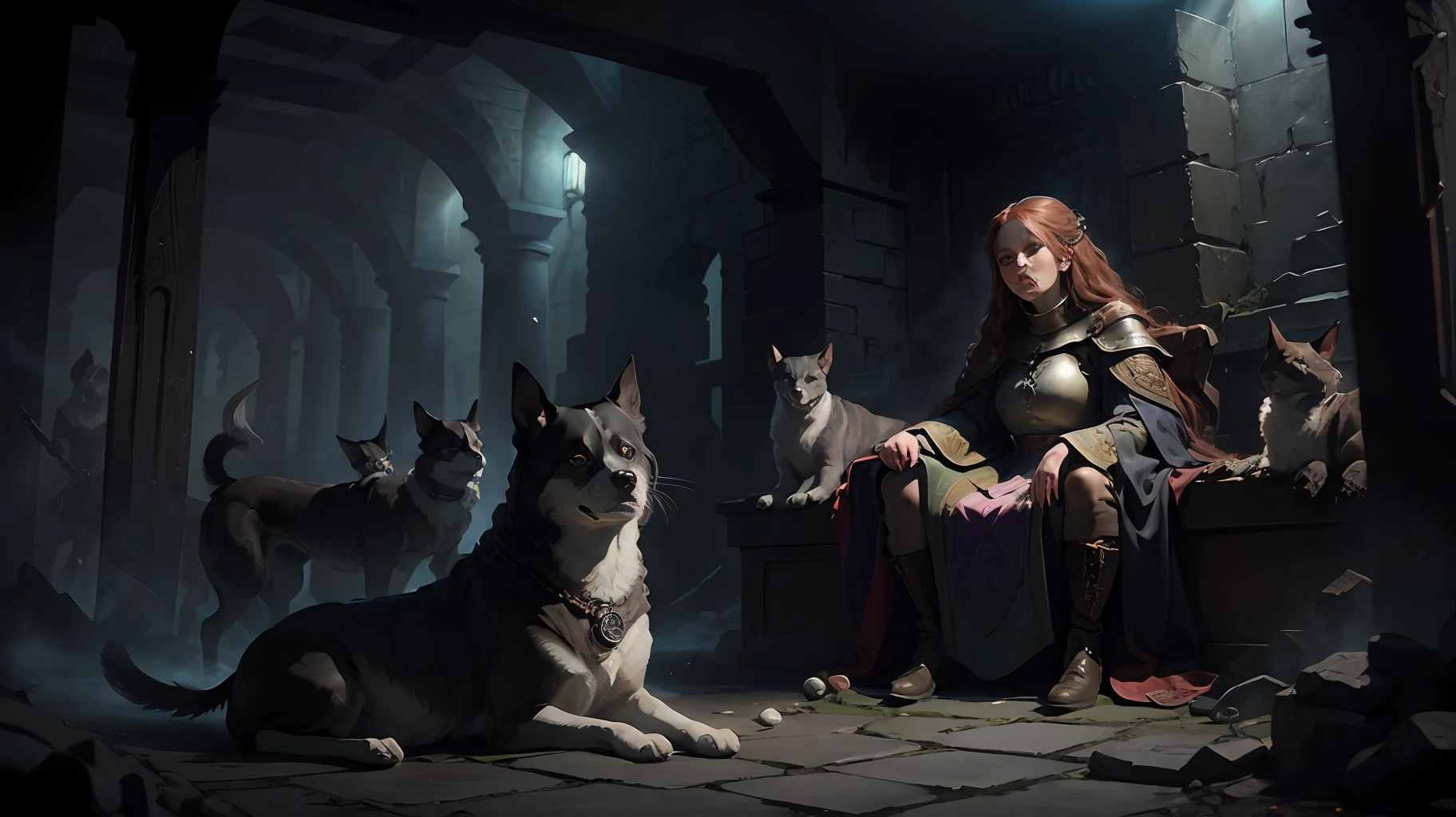 portrait of the priestess of temperance accompanied by her guardian hounds By Milton Glaser & KAWS, Game of Thrones, dungeon synth aesthetic --auto