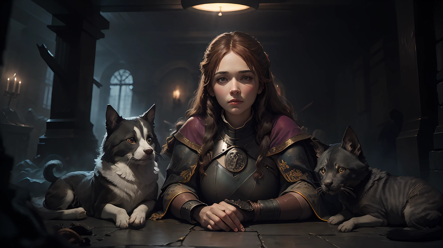 portrait of the priestess of temperance accompanied by her guardian hounds By Milton Glaser & KAWS, Game of Thrones, dungeon synth aesthetic --auto