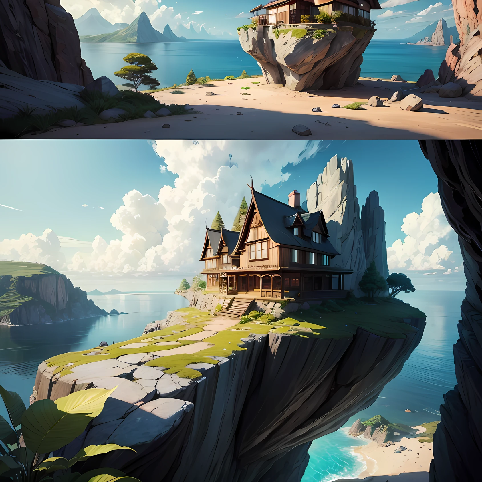 house built into the rock, realistic, paradise landscape, anime style --auto