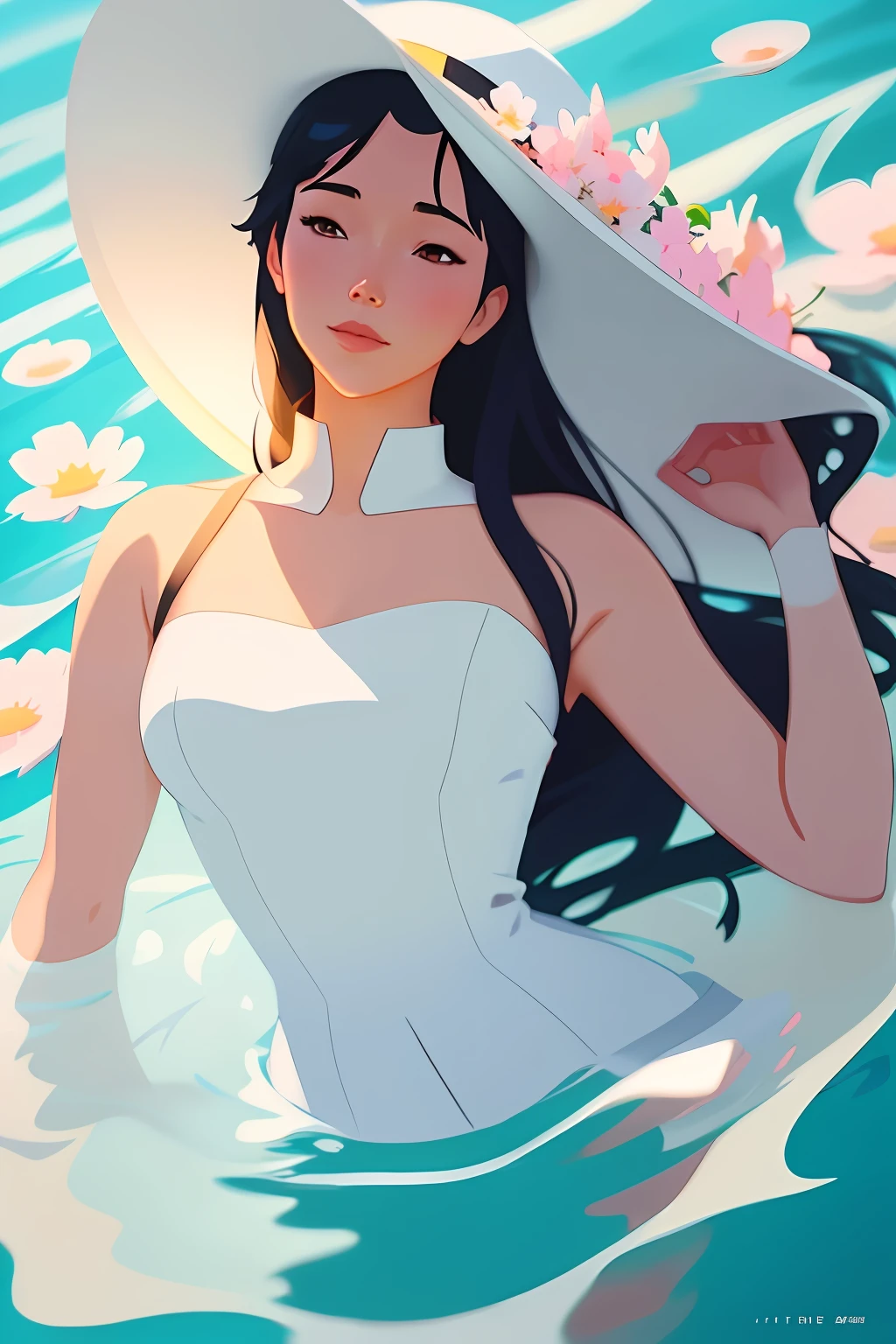 Anime girl in white dress standing in water with flowers, Artgerm e Atey Ghailan, Arte no estilo de Guweiz, Arte digital Ilya Kuvshinov, inspirado em Ross Tran, Beautiful digital illustration, No estilo de Ross Tran, Ilya Kuvshinov. 4 mil, Digital anime illustration, deviantart artstation cgscosiety