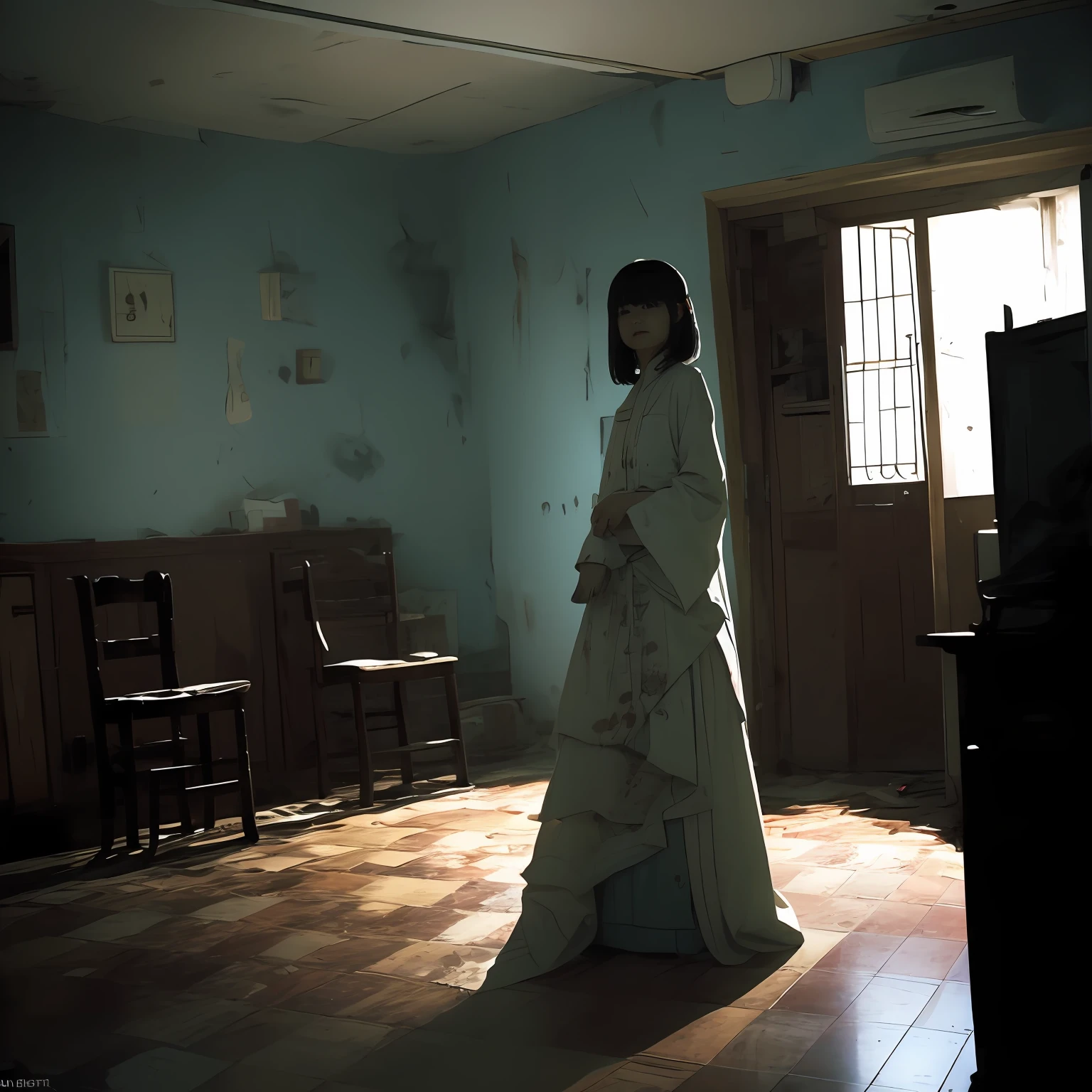 Photos of the ghost of a teenage girl Japan alone. In the dim light, Claustrophobia range in small rooms in Tokyo, A ghostly presence appears, Consumed in the creepy world of horror games. Lurking in a desolate corner, Enveloped in inexplicable darkness, That evil gaze is、Immobilized to the player with an anxious and twisted smile that sent shivers down the spine. The ghostly apparition is covered in tatters, White dress full of filth, Unforgettable relics of the past, And its ethereal shape is wavering, A glimpse of the spectral region beyond.
In the stuffy atmosphere of the room, Dilapidated chair, Forgotten relics of another era, Stands as a chilling memory of the room's ominous history. Time has eroded the once ornate sculptures, Leaving behind the agony whispers and sounding rotting shells of souls long gone. walls, Decorated with faded photos of forgotten faces, It seems to exude a melancholy presence., As if、Who was caught in it々As if the essence longs for deliverance from their eternal purgatory.
A pale blue glow emanates from the ghost's eyes, Emitting an eerie glow that penetrates the air, Corner of the room々Fill with spectral incandescent lamps up to. Shadows dance under an ethereal glow、Distorted, Twisting into grotesque shapes that mock the sanity of the living.
When the ghost silently stretches out a translucent hand, A bone-chilling silence descends. With each painfully slow movement, Approaching the player in., Creeping specter of fate. however、No matter how close it gets, The transparent hand of the ghost is、Never break the threshold of the tangible world, Leave a trail of icy fear. It is the embodiment of pain, Forever denied the comfort of human touch.
yet, Paradoxically, In obvious horror