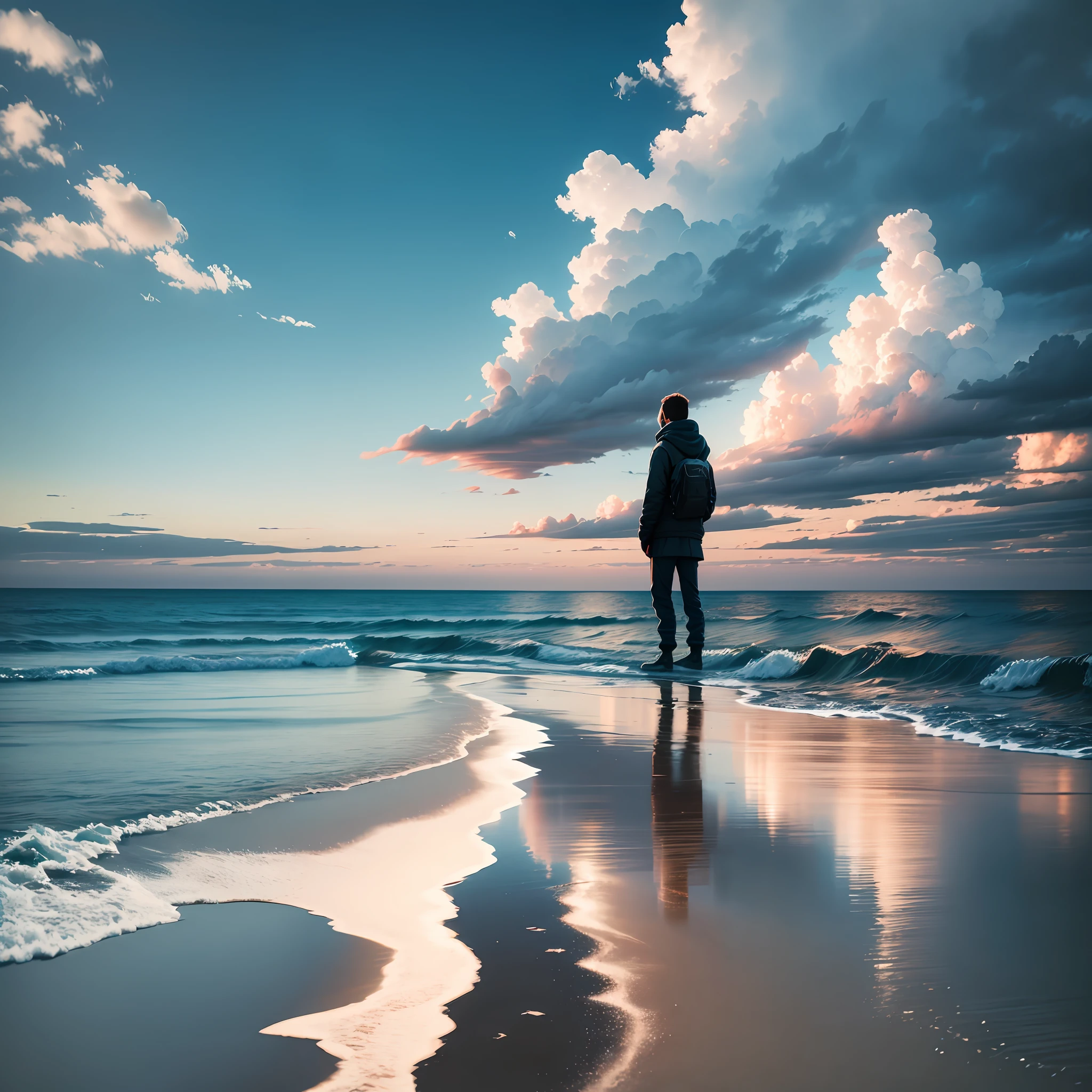 Image of a lone person looking at the horizon, representing solitude or search --ar 16:9 --auto