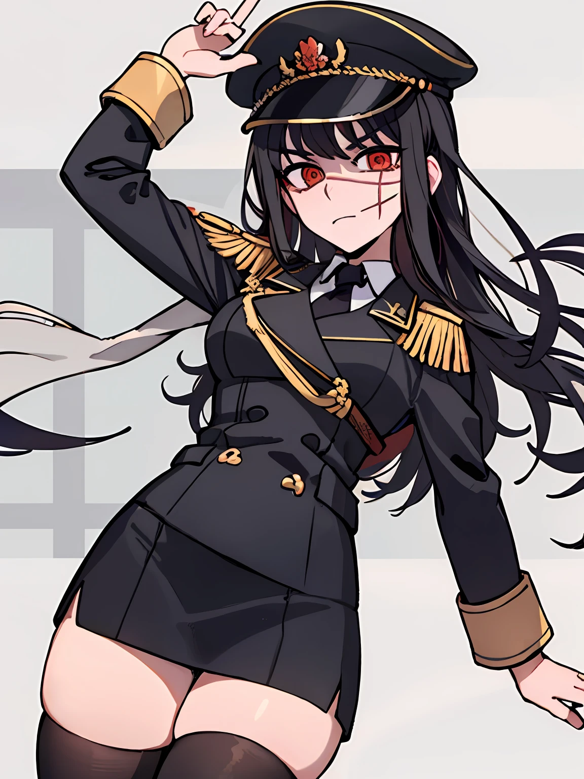 (masterpiece, best quality: 1.2), Solo, 1girl, Yoru \(Chainsaw Man\), looking at the viewer, different poses, red eye, long hair, completely black hair, reference to clothing of a German WWII general, black long sleeves (best quality), scar on face, beautiful eyes, has only 2 arms, has war medals on his clothes,  Black Military Cap, Golden Eagle Medal on Clothing, (Wallpaper), (8K HD), (8K HD), Golden Shoulder Pads, Sprites, 1 Single Design (obra maestra, mejor calidad: 1.2), Solo, 1girl, Yoru \(Chainsaw Man\), mirando al espectador, sonrisa, feliz, diferentes poses, cuerpocompleto, cuerpo dentro de la vision de la foto, ojos rojos, cabello largo, cabello completamente negro, reference to clothing of a German general from World War II, mangas largas negras (mejor calidad), cicatriz en la cara, hermosos ojos, tiene solo 2 brazos, tiene medallas de guerra en su ropa, Gorra militar negra, Golden Eagle Medal in Dress, (fondo de pantalla), (8K HD), (8K HD), hombreras doradas, sprites, 1 single design