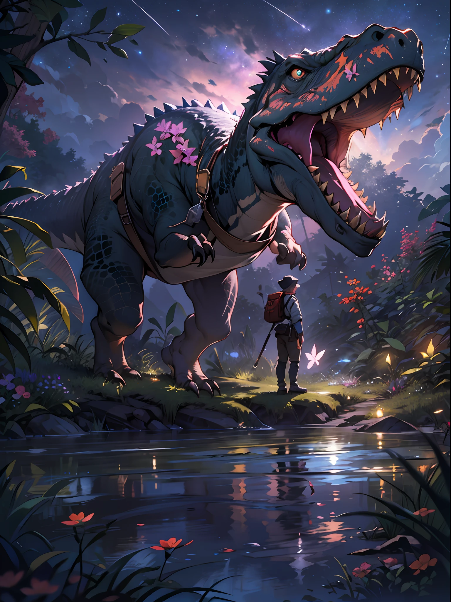 ((best qualtiy)), ((tmasterpiece)), (A detailed:1.4),Enhanced dynamic perspective,jungles,gigantic trees,nighttime scene,starrysky,(darkly:1.4),((The old adventurer stands in front of an oversized prehistoric Tyrannosaurus rex)),((Butterflies sparkle in the moonlight)),((A starry stream flowed before him)),Crocodiles float on the water,(Adventurer backpack),(weeds),florals,(((adventurer clothing))),super-fine,Works of masters,high qulity,8K分辨率,depth of fields,电影灯光,Epic shooting,high qulity,super-fine,Detailed pubic hair,Accurate,Cinematic lighting,