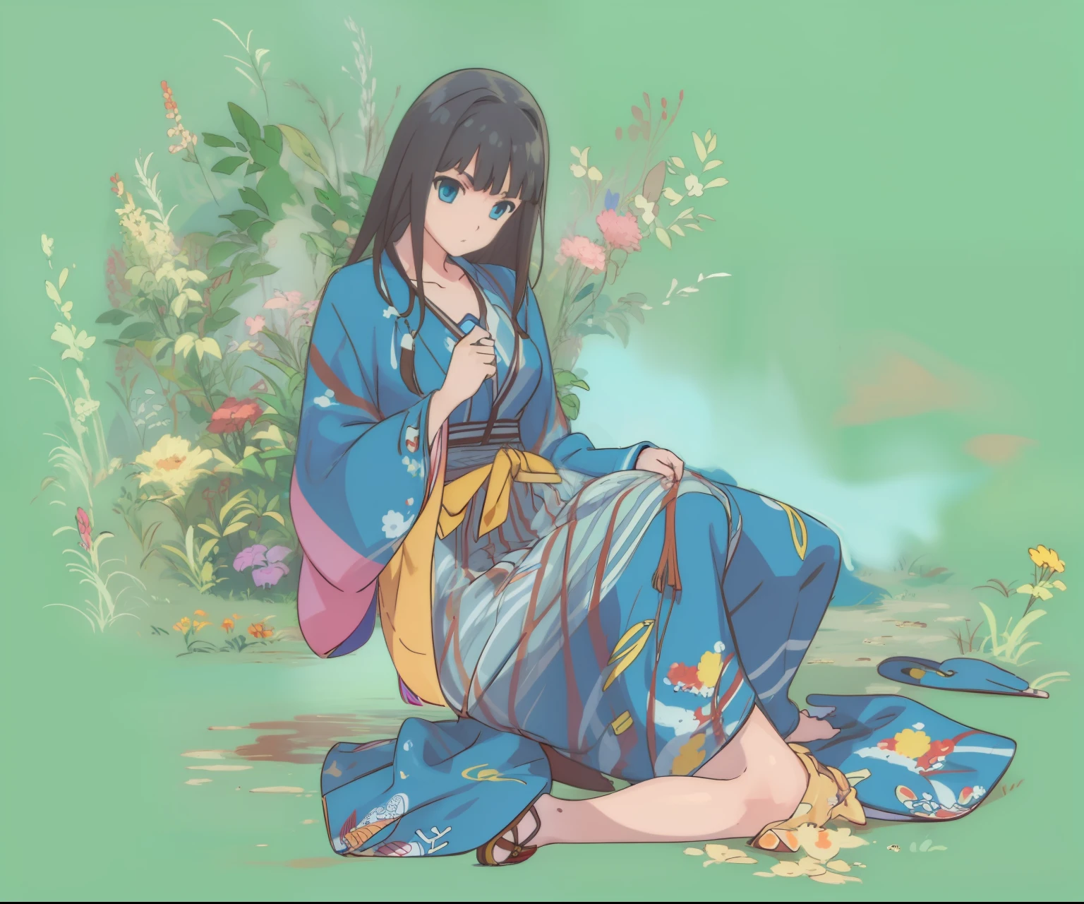 ((Masterpiece)), (Best Quality), Amelia Watson,amelia_kimono, blue kimono, yellow hakama, fish print, (NSFW: 1.5), full body, solo