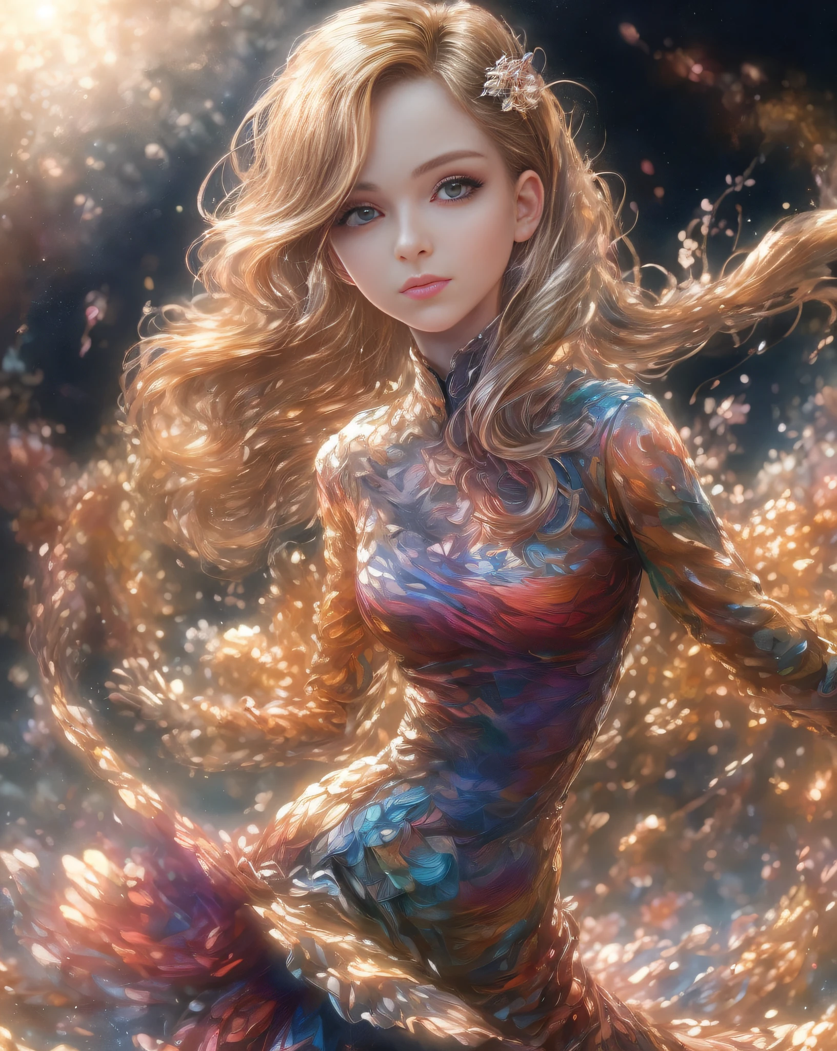 (best quality, masterpiece), young woman, pose, particle, wind, flower, upper body, simple background, looking at viewer, long curly windblown blonde hair, galaxy,backlit,rimlight,beautiful artwork,perfect composition