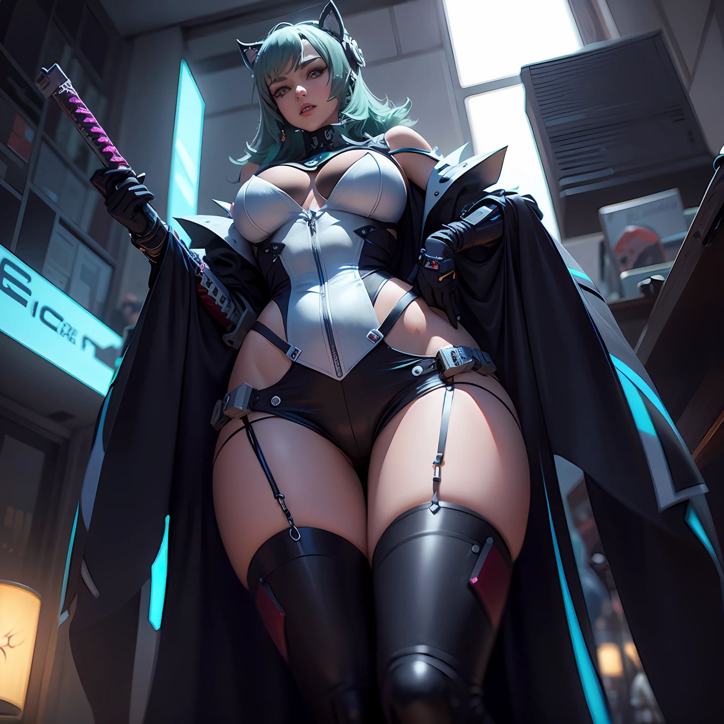 Anime - Mulher estilo em uma roupa futurista com cabelo verde e preto, Personagem de videogame Katana Zero, arte digital do anime cyberpunk, menina em mecha cyber armor, Melhor Anime 4K Konachan Wallpaper, Do videogame Azur Lane, Estilo de pista Azur, cyberpunk menina anime mech, Irelia, 3 d render arte do caractere 8 k