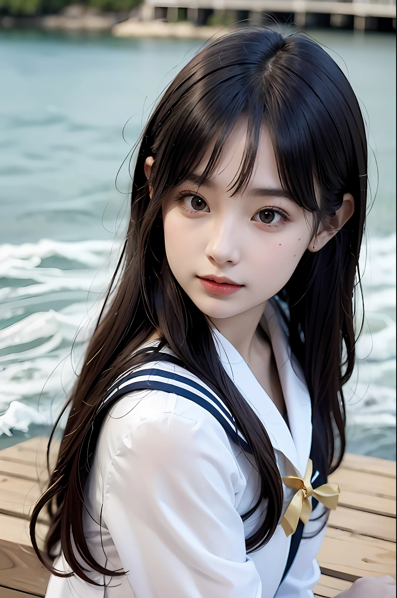 (8K,best qualtiy,tmasterpiece:1.2),(realisticlying,realisticlying,photo-realistic:1.37),Hyper-detailing,beatiful detailed eyes,Beautiful detail nose,(((2girls))),a sailor suit,Town,small bridge flowing water,flagstone road,Stone room,ssmile,upperbody closeup,(standing on your feet)baik,blond hairbl