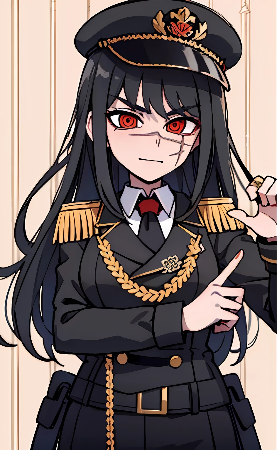 (masterpiece, best quality: 1.2), Solo, 1girl, Yoru \(Chainsaw Man\), looking at the viewer, different poses, red eye, long hair, completely black hair, reference to clothing of a German WWII general, black long sleeves (best quality), scar on face, beautiful eyes, has only 2 arms, has war medals on his clothes, Black Military Cap, Golden Eagle Medal on Clothing, (Wallpaper), (8K HD), (8K HD), Golden Shoulder Pads, Sprites, 1 Single Design (masterpiece, best quality: 1.2), Solo, 1girl, Yoru \(Chainsaw Man\), looking at the viewer, smile, happy, different poses, red eye, long hair, completely black hair, reference to clothing of a German WWII general, black long sleeves (best quality), scar on face, beautiful eyes, has only 2 arms, has war medals on his clothes, black military cap, golden eagle medal on clothing, (wallpaper), (8K HD), (8K HD), (8K HD), golden shoulder pads, sprites, 1 single design