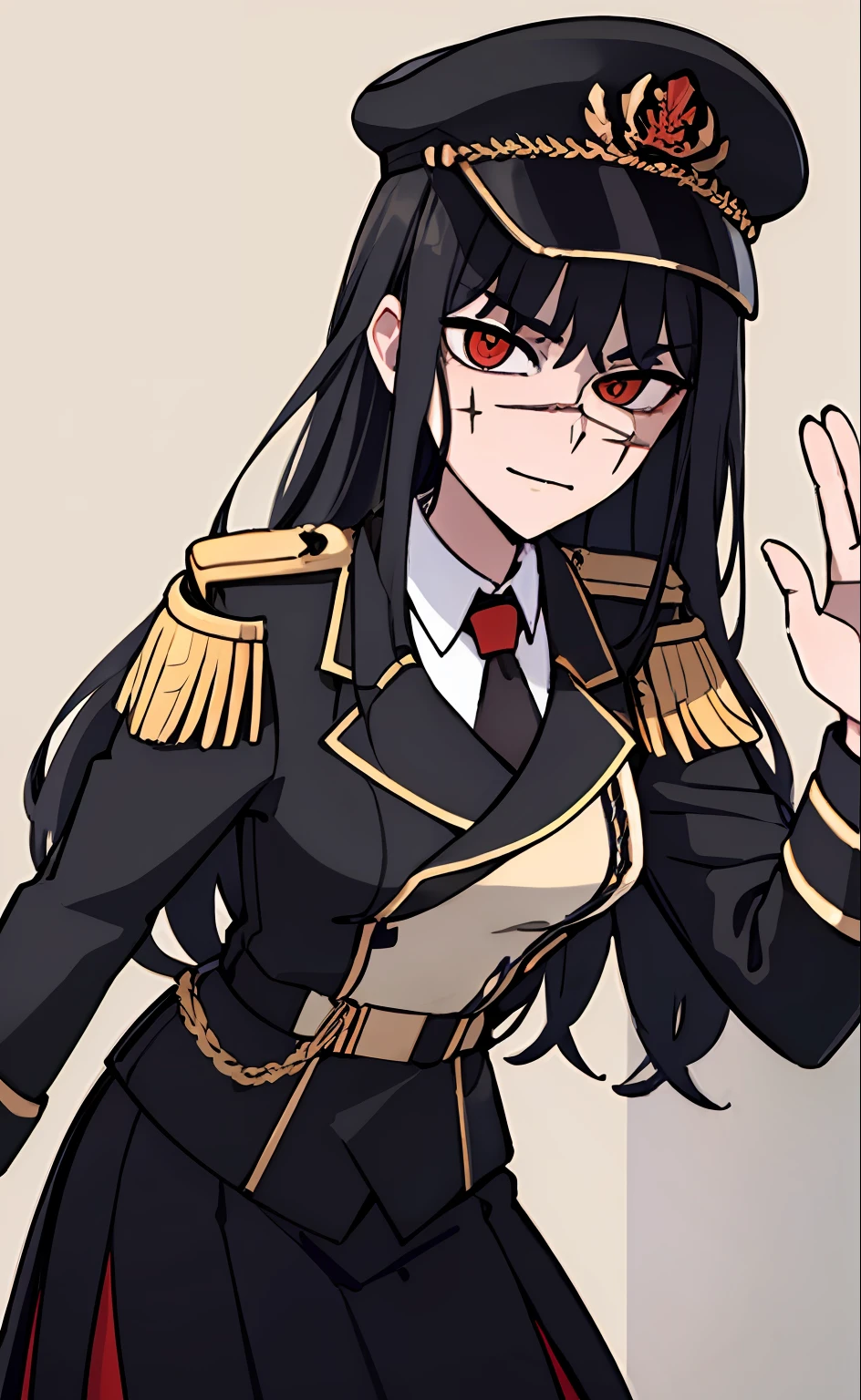 (masterpiece, best quality: 1.2), Solo, 1girl, Yoru \(Chainsaw Man\), looking at the viewer, different poses, red eye, long hair, completely black hair, reference to clothing of a German WWII general, black long sleeves (best quality), scar on face, beautiful eyes, has only 2 arms, has war medals on his clothes, Black Military Cap, Golden Eagle Medal on Clothing, (Wallpaper), (8K HD), (8K HD), Golden Shoulder Pads, Sprites, 1 Single Design (masterpiece, best quality: 1.2), Solo, 1girl, Yoru \(Chainsaw Man\), looking at the viewer, smile, happy, different poses, red eye, long hair, completely black hair, reference to clothing of a German WWII general, black long sleeves (best quality), scar on face, beautiful eyes, has only 2 arms, has war medals on his clothes, black military cap, golden eagle medal on clothing, (wallpaper), (8K HD), (8K HD), (8K HD), golden shoulder pads, sprites, 1 single design