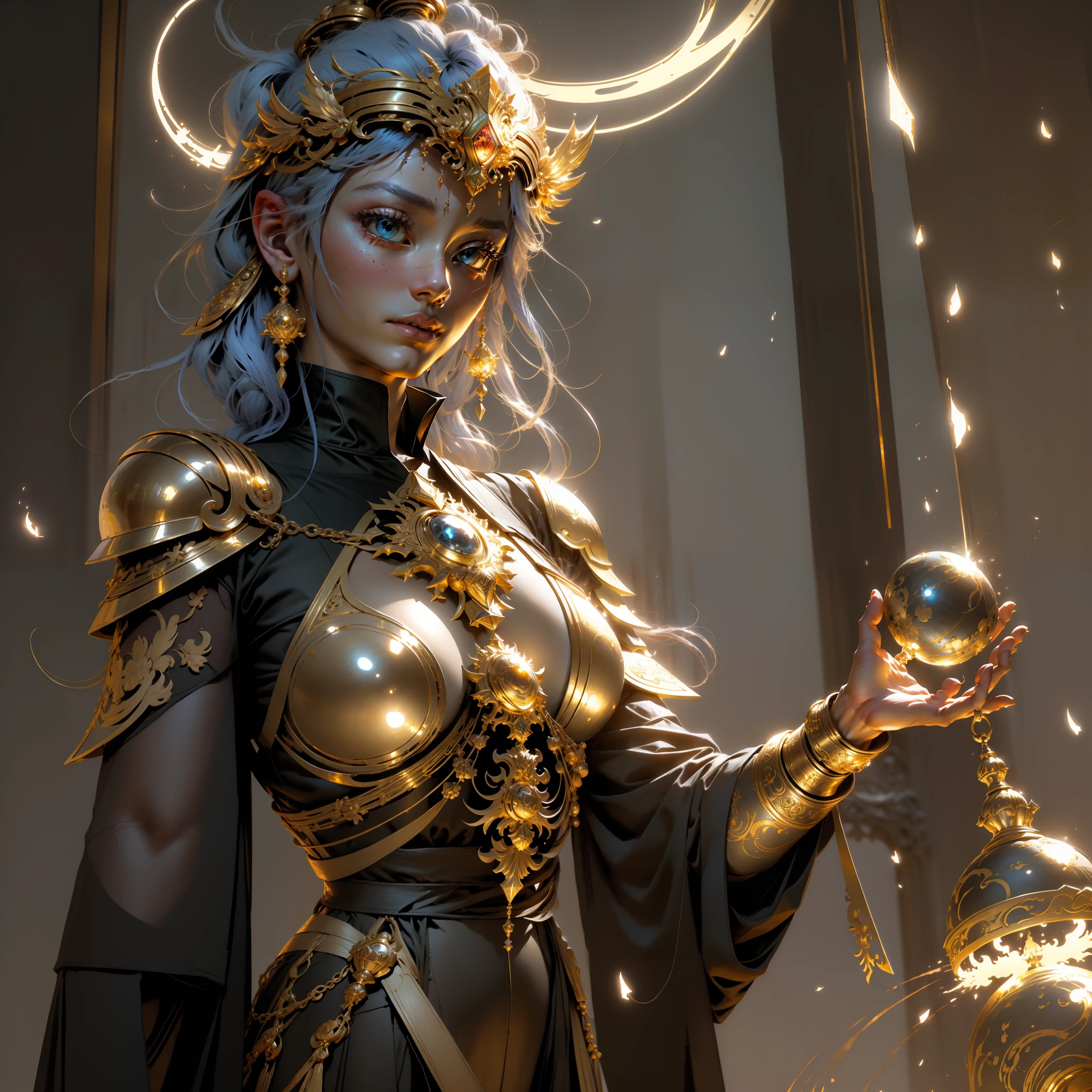(extremely detailed CG unity 8k wallpaper,masterpiece, best quality, ultra-detailed),best illumination,an extremely delicate and beautiful,soulful,colorful shoulder armor, shine, unique face,coruscating Athena's golden sacred object,calm expression,moonlit blue glowing hair,ornate helmet, fiery cosmos, mythological spirits, eternal struggle, Os Cavaleiros do Zodíaco Saint Seiya.